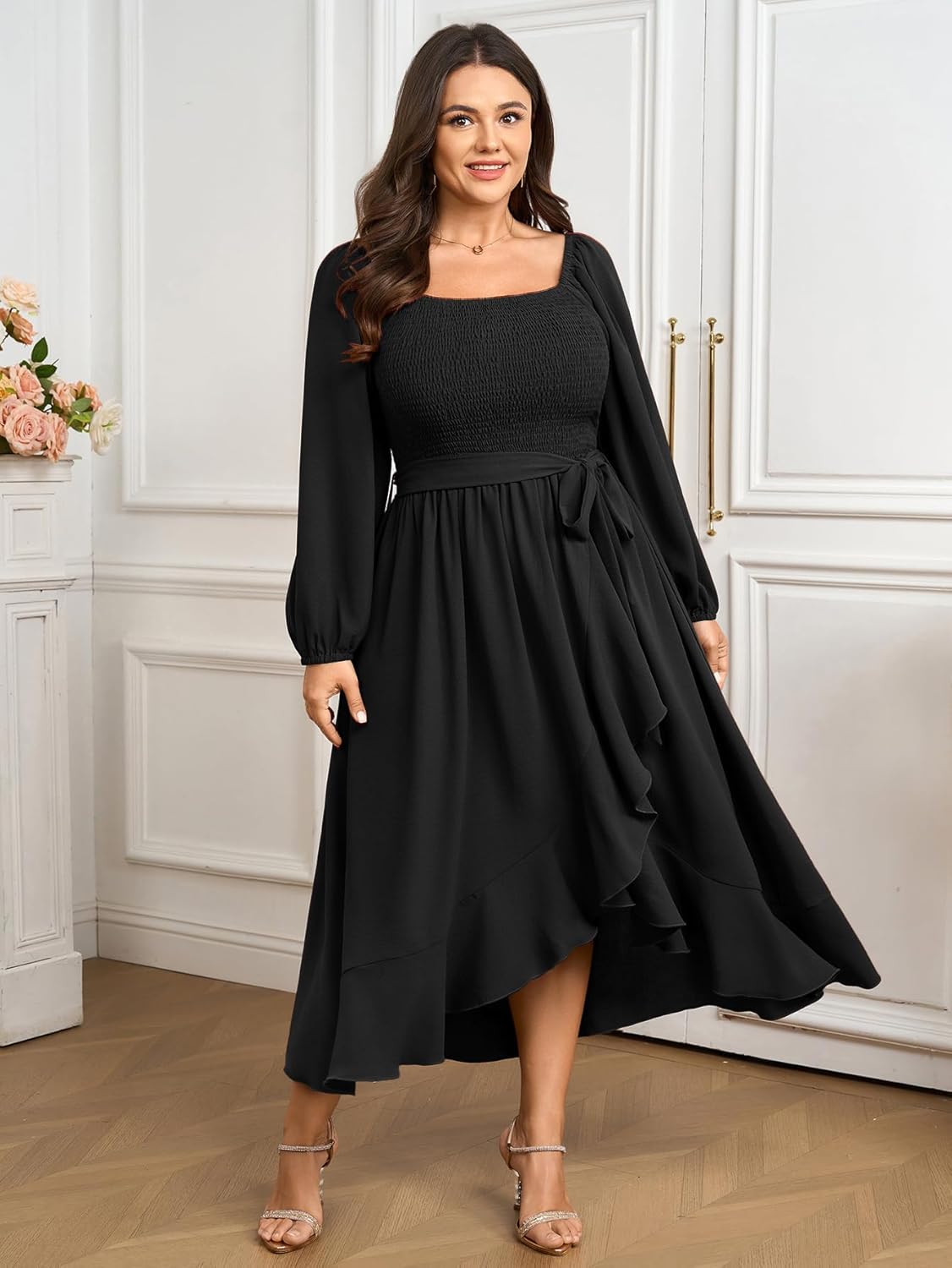 SCOMCHIC Women Plus Size Cocktail Dress Formal Long Sleeve Wedding Guest Smocked High Low Ruffle Dress with Belted - Image 3