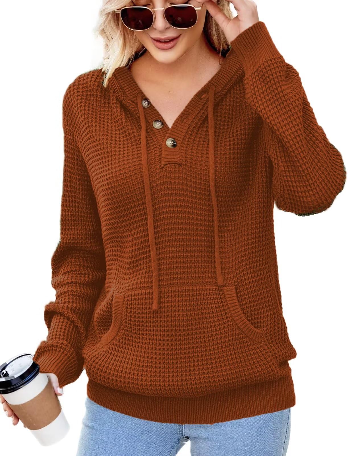 CiCiBird Women's Fall Hoodies Sweater V Neck Waffle Knit Top with Pocket
