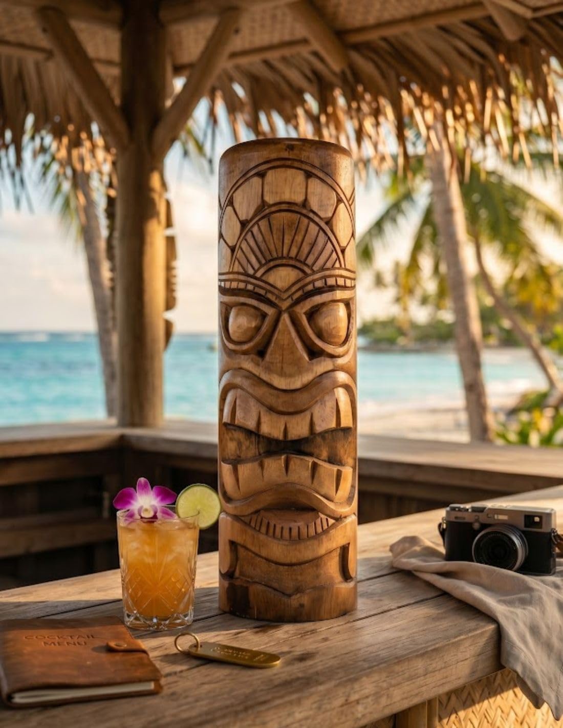 Grand Totem Statue Tiki Ku 50cm en bois massif sculpté à la main