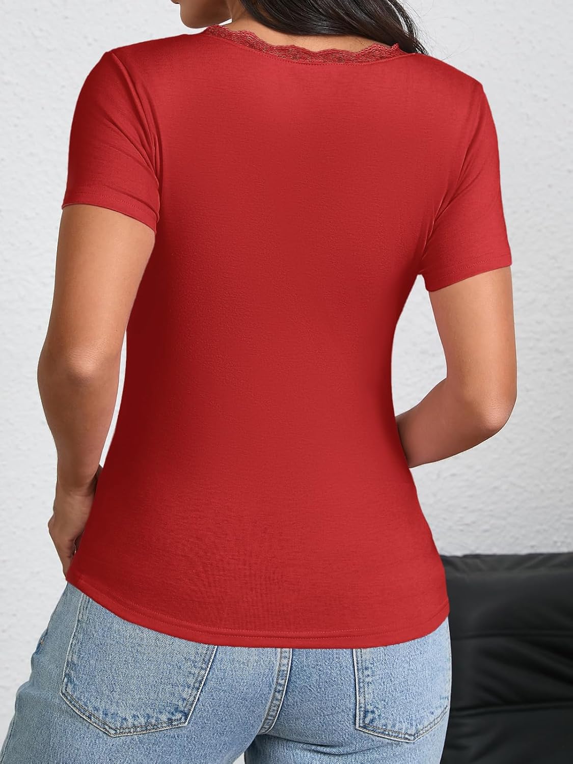 Imily Bela Womens Sexy V Neck T Shirts Summer Lace Short Sleeve Slim Fit Y2k Going Out Crop Tops - Image 4