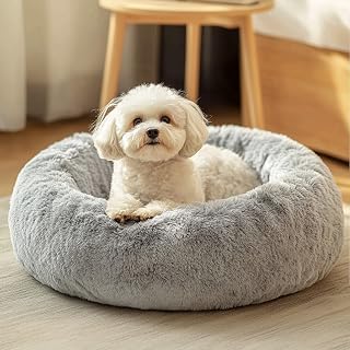 JOLLYVOGUE Calming Donut Dog & Cat Bed 20" - Anti-Anxiety Fluffy Plush Pet Bed for Small Medium Dogs Cats Up to 20lbs