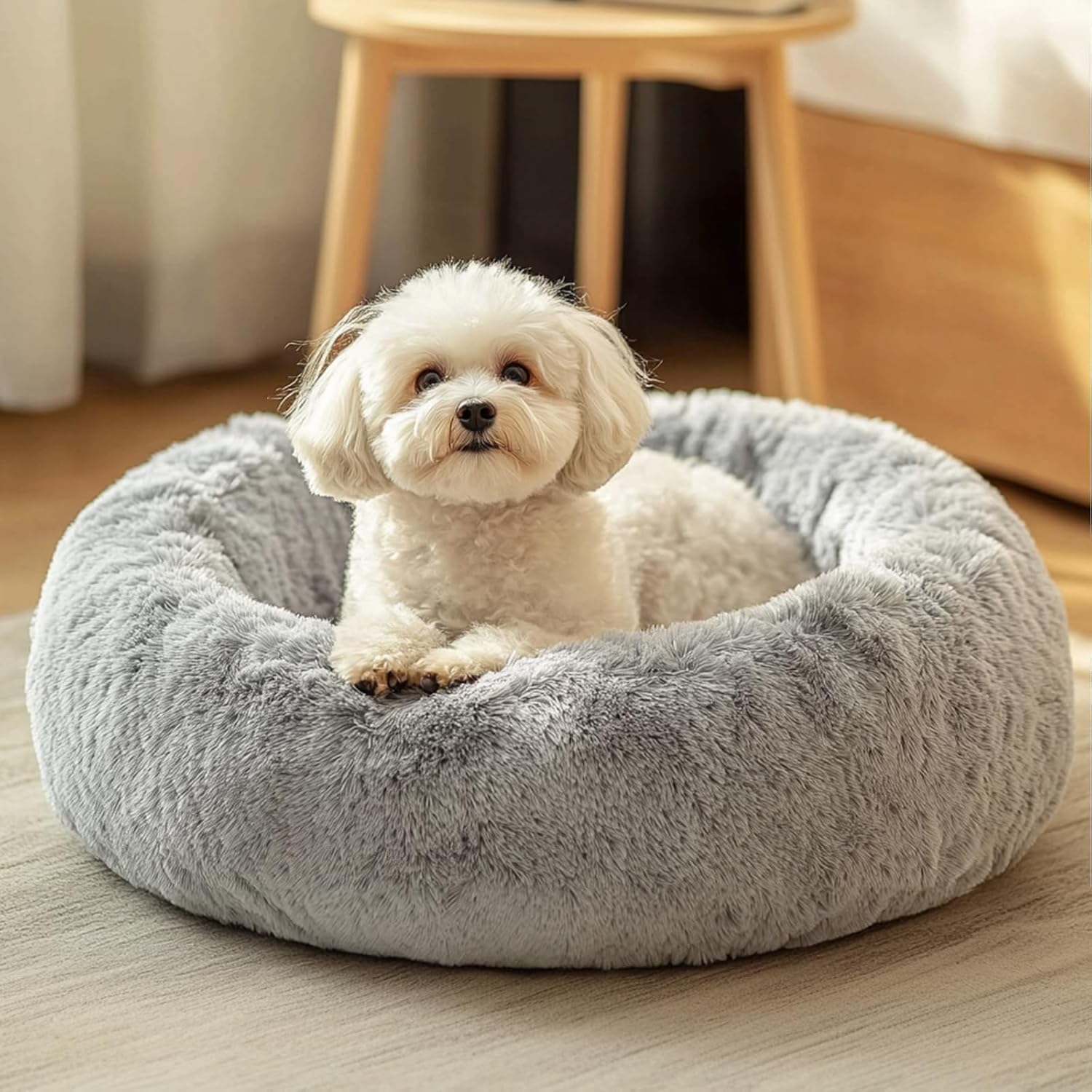 JOLLYVOGUE Dog Cat Bed Calming Anti-Anxiety Pet Bed for Small Dogs Fluffy Donut Cushion for Small and Medium