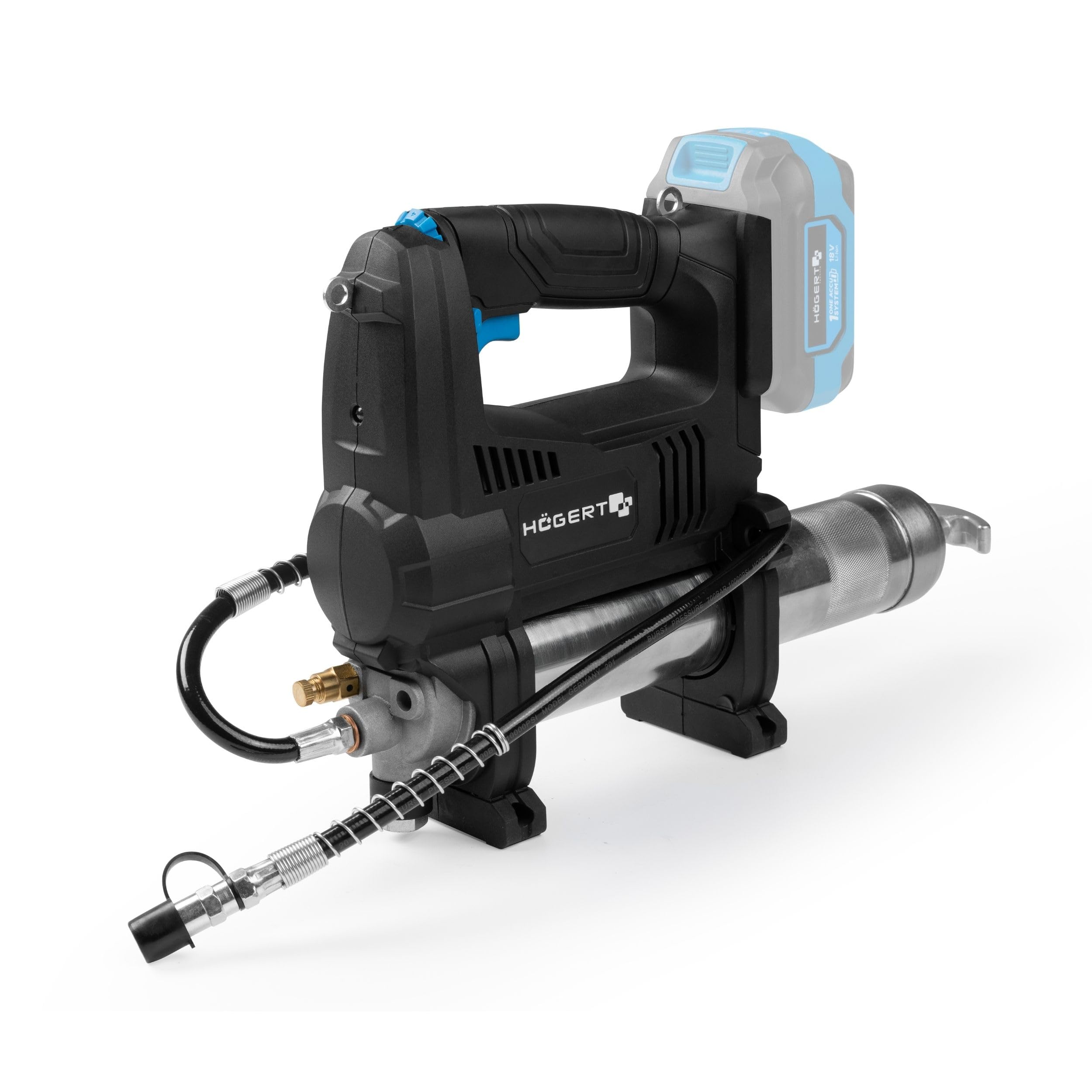 Högert Technik Engrasadora a Batería 18V OneAccuSystem, 680 Bar, 280 g/min, Pistola de engrase con LED, válvula de Purga de Aire, Correa para Hombro, para Taller, Set mit Akku 4Ah + Ladegerät 4A