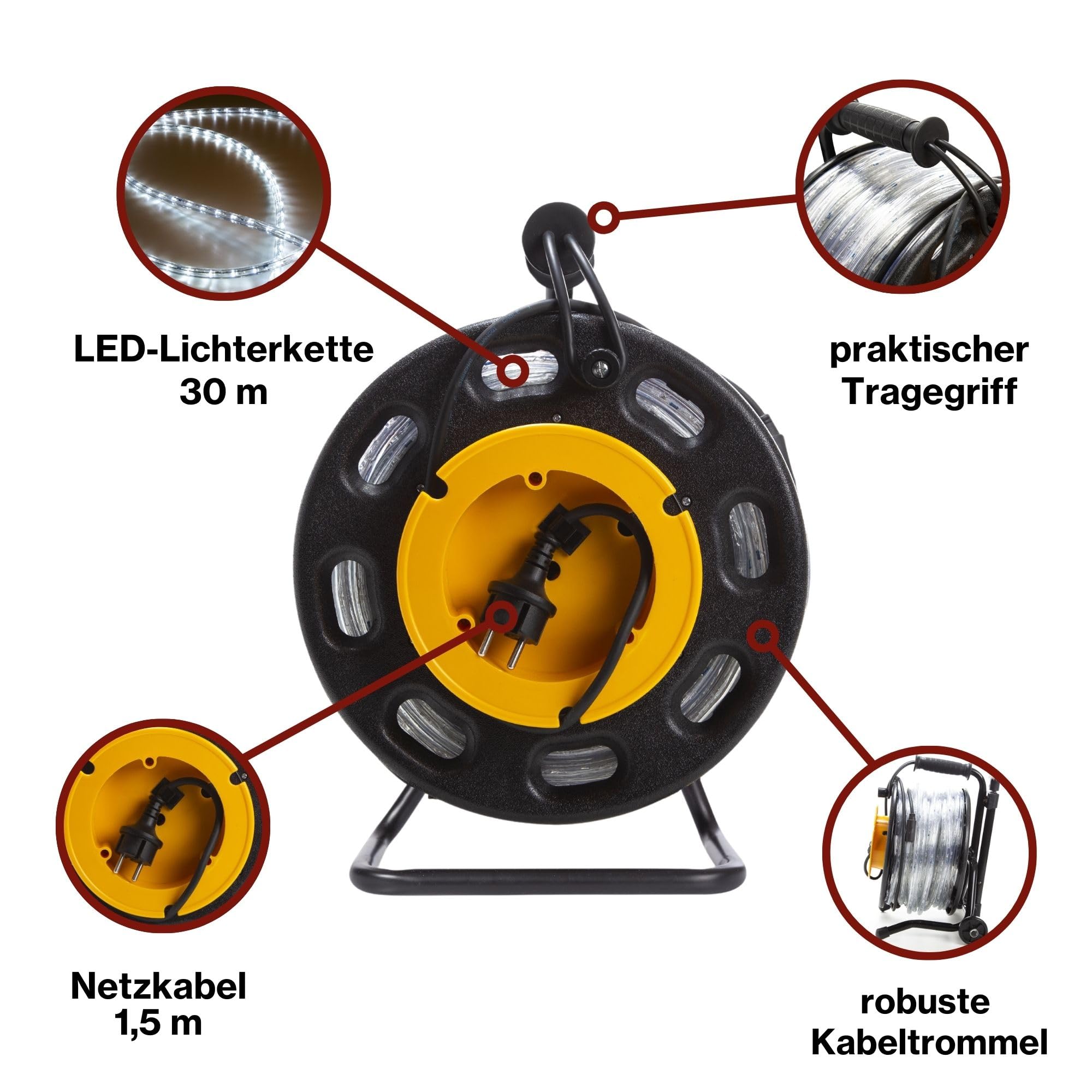 HQ-Power Flexibler LED-Lichtschlauch auf Trommel, Sicherheitsbeleuchtung für Profis, 6500 °K 2850 lm, zum Beleuchten von Baustellen, Treppenhäusern, Aufzugsschächten, geeignet für innen und außen, 30