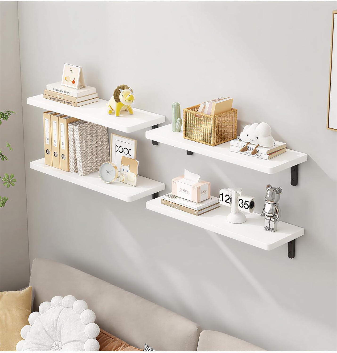 White Floating Shelves Set of 6 for Wall Decor, 16.5 Inch Floating Shelves for Bedroom, Bathroom, Living Room, Kitchen, Wood Wall Shelves with Brackets and Hardware Shelf Wood Plate Wood Bracket