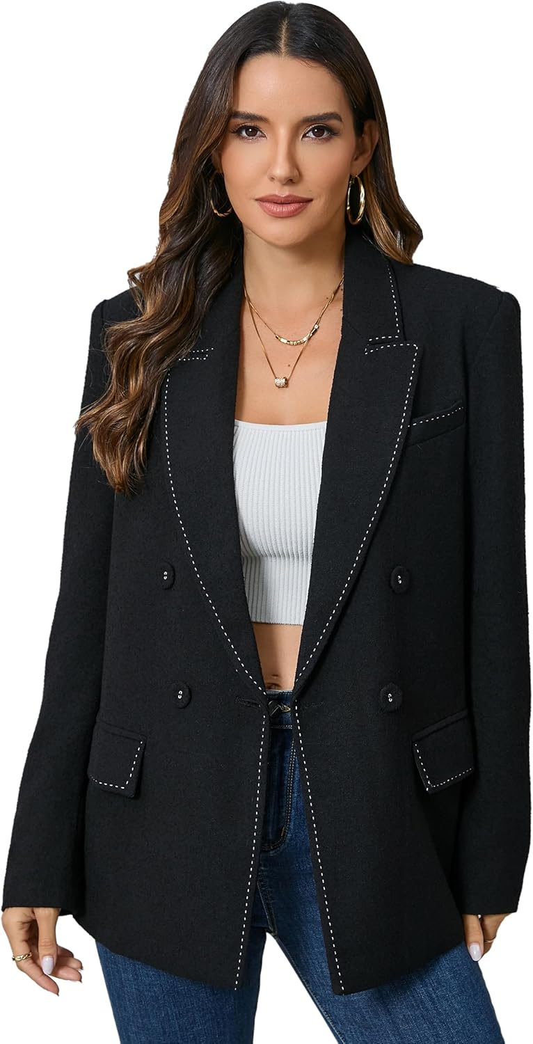 Women's Oversized Double-Breasted Suit Blazer Jacket Top Stitch Long Sleeve Casual Work Office Blazer with Pockets
