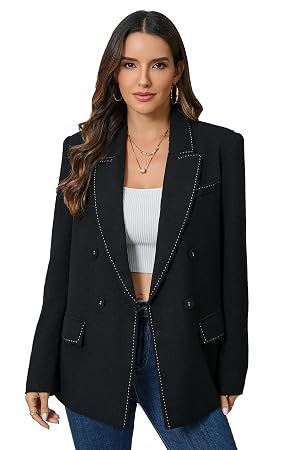 Womens Oversized Double-Breasted Suit Blazer Jacket Top Stitch Long Sleeve Casual Work Office Blazer with Pockets