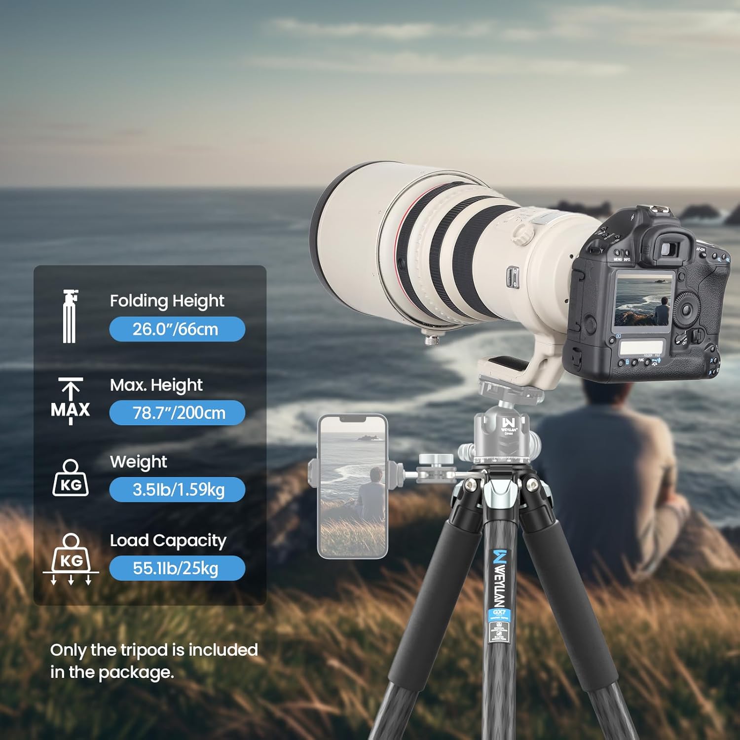 81'' Compact Carbon Fiber Tripod for Camera WEYLLAN Heavy Duty Tripod Camera, 10-Layer Carbon Fiber Tube, 32.5mm Professional Tripods Leg, Travel tripods for Camcorder Telephoto Lens, Max Load 20kg