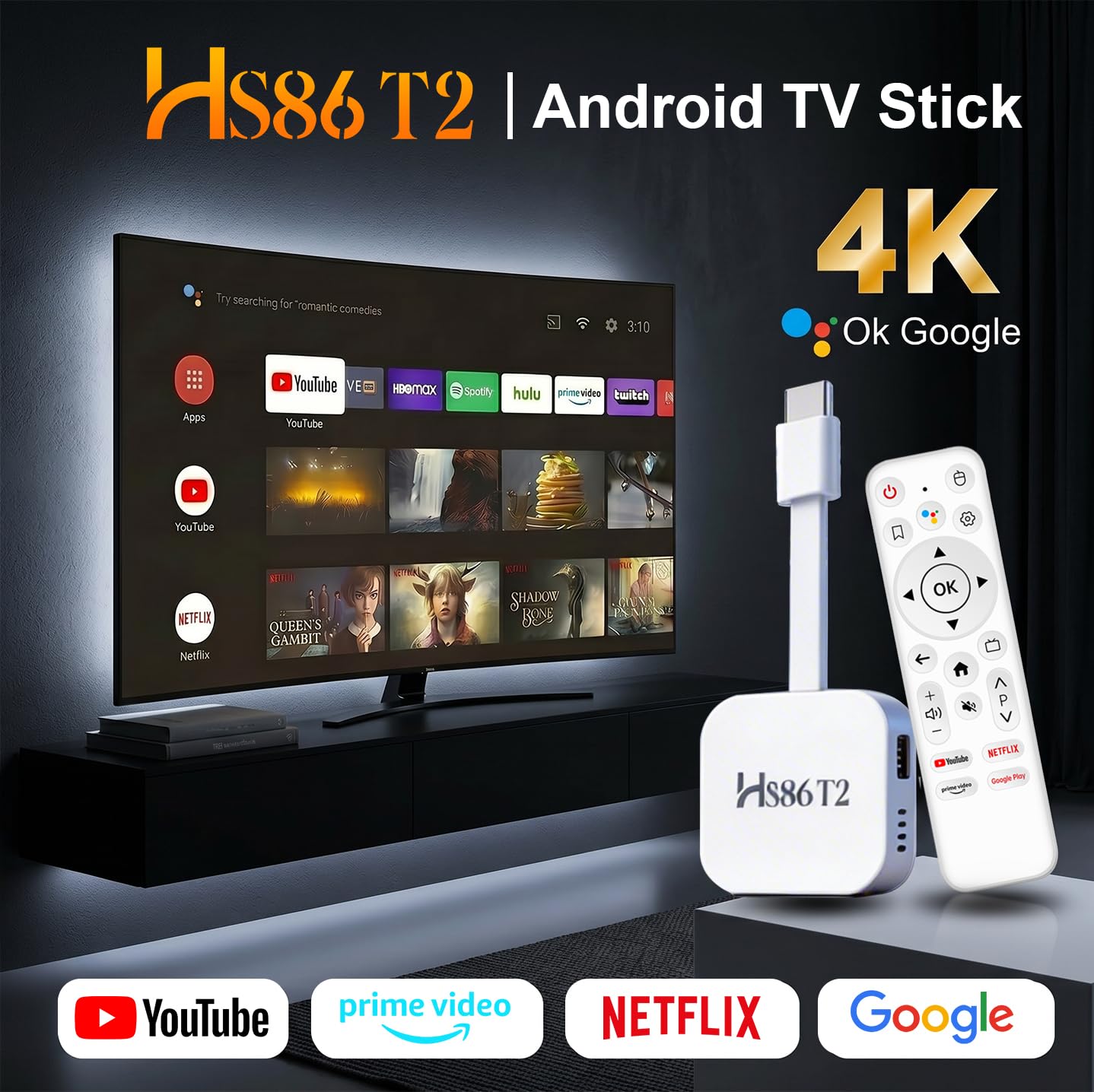 Mini TV Stick Android Box 4K Ultra HD Dispositivo di Streaming, Android 14.0 TV Stick Box 2 GB 16 GB HDR10 2.4G/5G WiFi6 BT 5.0, Smart Lettore Multimediale in Streaming e Telecomando Vocale H86 PROT2