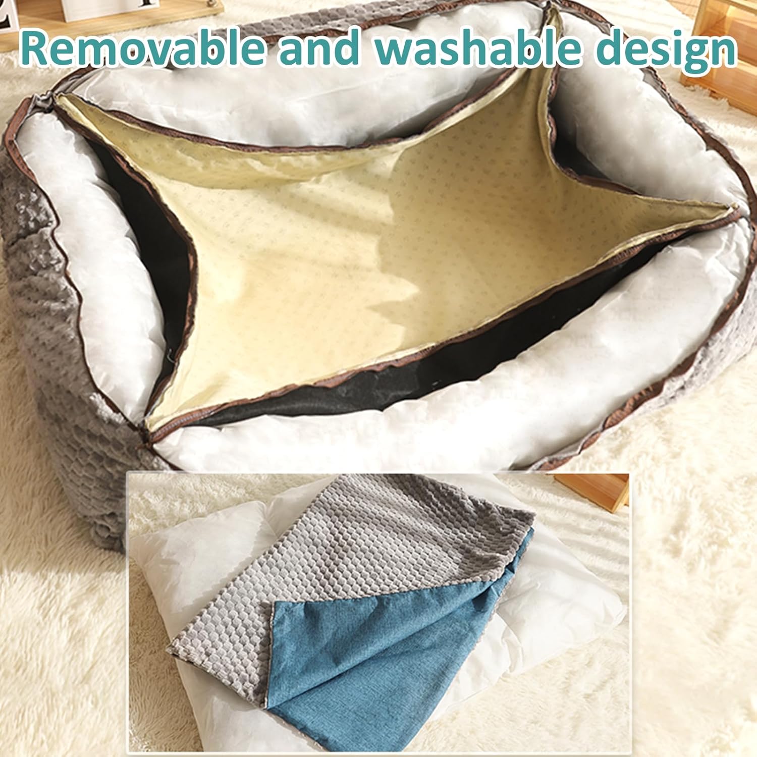 Dog Bed for Medium Small Dogs, Calming Dog Bed Mat for Large Dogs, Short Plush Pet Bed with High Back, Refillable W/Removable Washable Cover & Anti-Slip Bottom,S