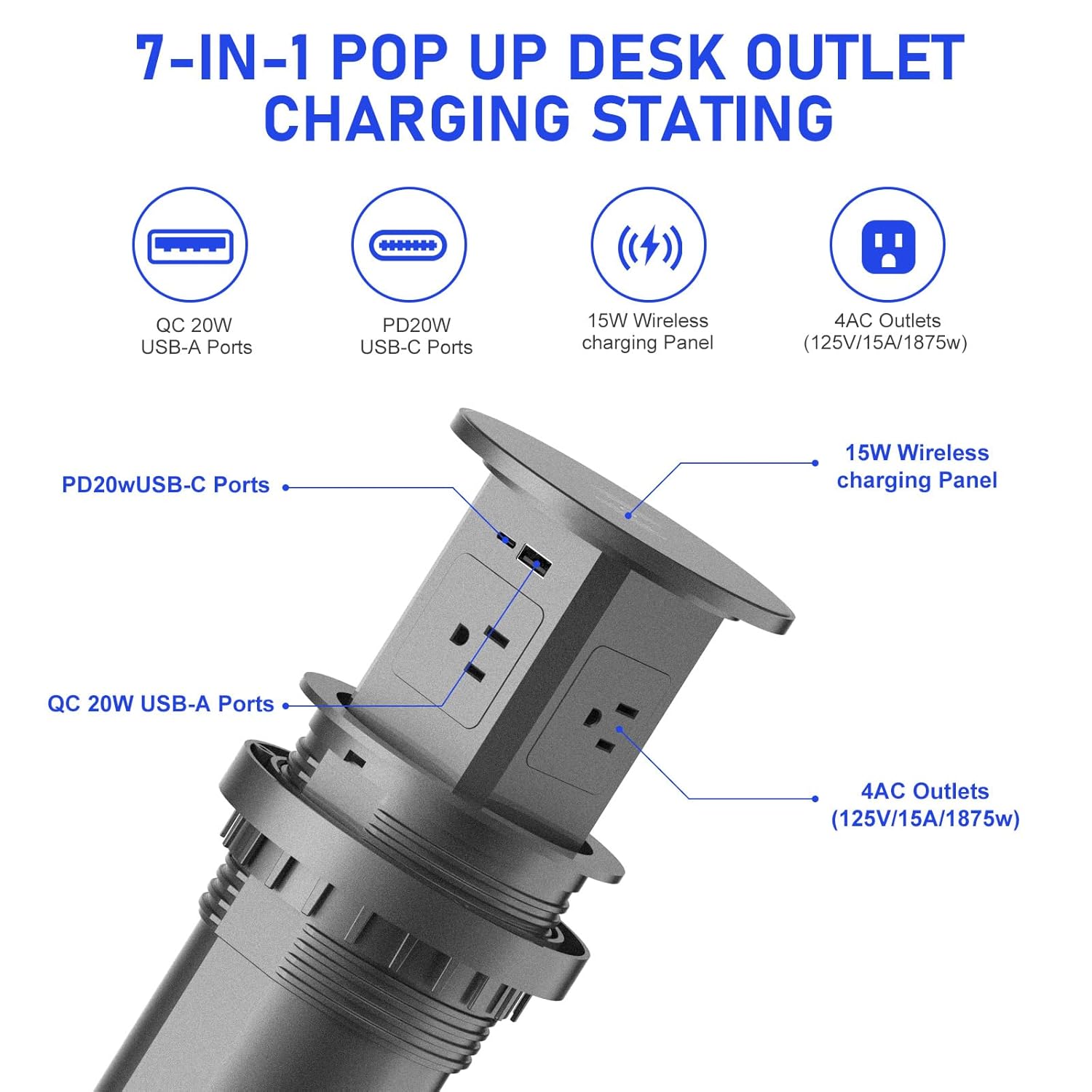 Aluminum Pop Up Outlet with 15W Wireless Charger, 4 AC Outlets & 2 PD 20W USB Fast Charging, 3.93" Desk Wire Hole Insert, Pop Up Countertop Outlet for Home Office Kitchen (Gray)