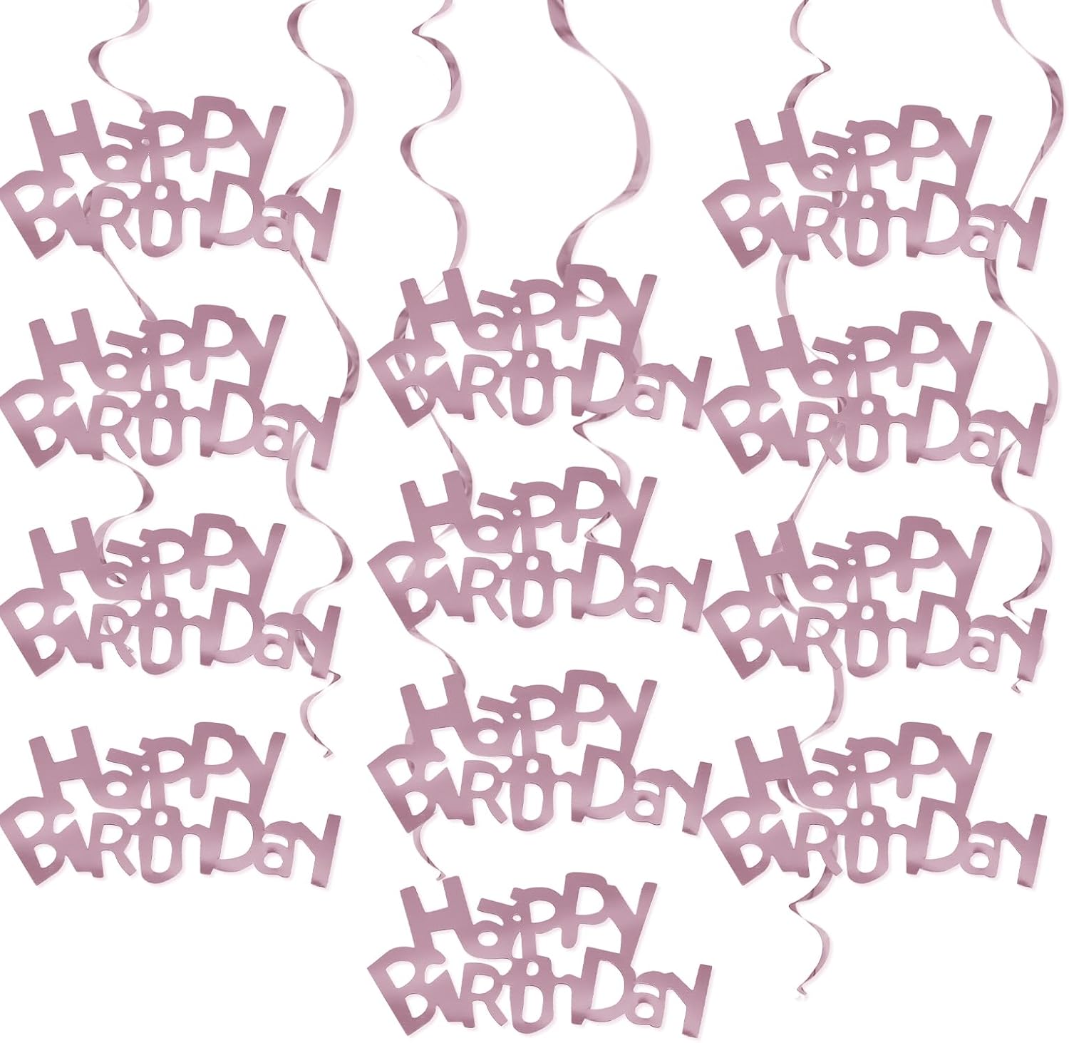 Vonty 12 Pcs Pre-Strung Birthday Hanging Decorations, Rose Gold Swirls