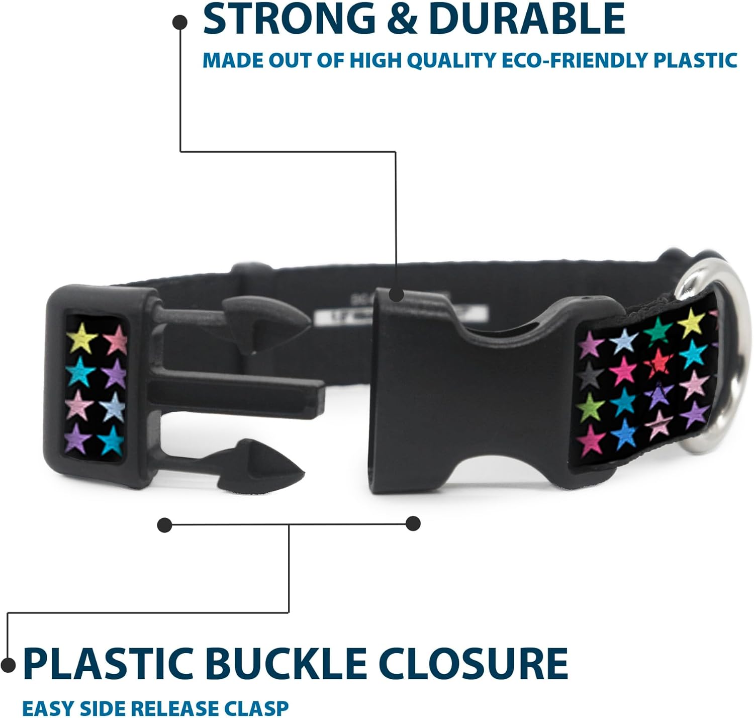 Buckle-Down Plastic Clip Collar - Mini Stars Black/Multi Color - 1.5" Wide - Fits 13-18" Neck - Small