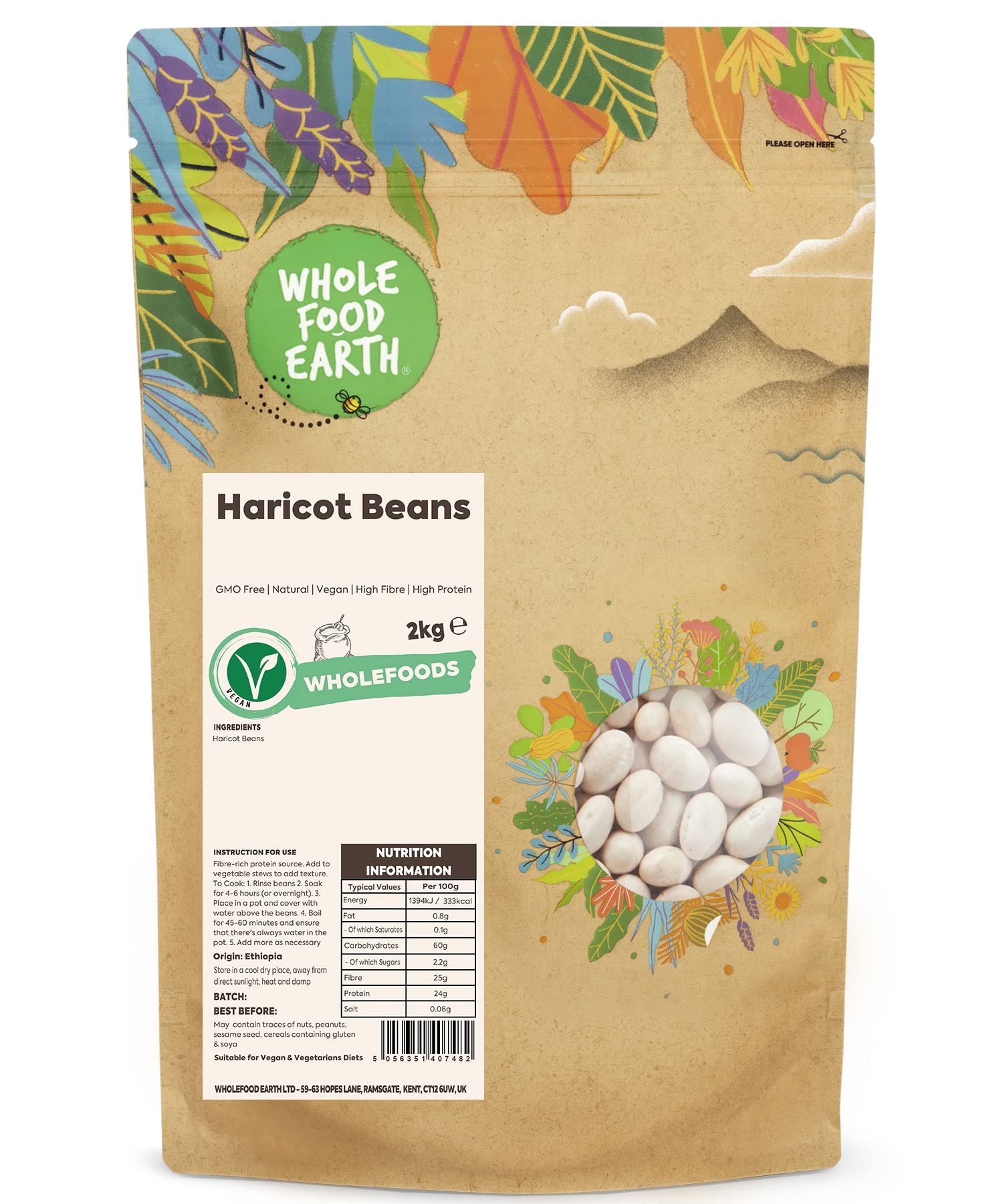 Wholefood Earth Haricot Beans 2 kg | GMO Free | Natural | High Fibre | High Protein