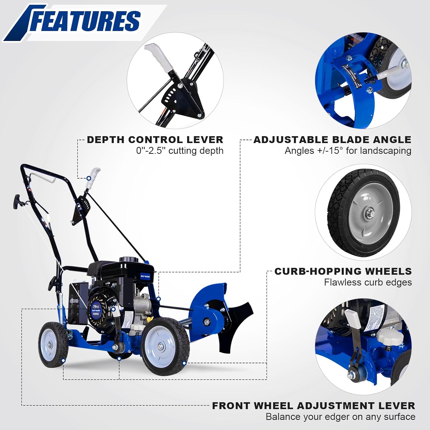 BILT HARD 9 Inch Walk Behind Lawn Edger Gas Powered with Curb Hop Function, 79cc 4-Stroke OHV Engine, Adjustable Cuttting Depth (Max. 2.5'') and -/+15° Blade Angle for Landscape & Lawn Edging