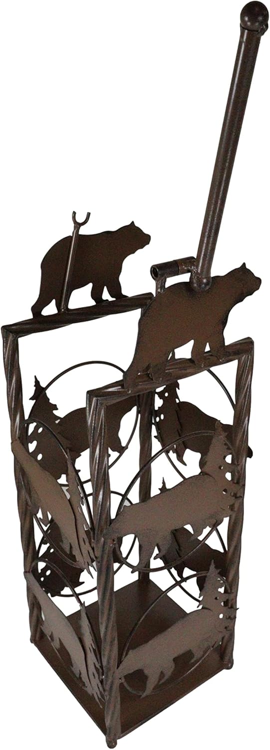 Ebros Cast Iron Metal Western Rustic Vintage Themed Toilet Paper Holder Stand Station with Storage for Bathroom Powder Room Old World Cowboy Decorative Accent (Black Bear with Pine Trees)