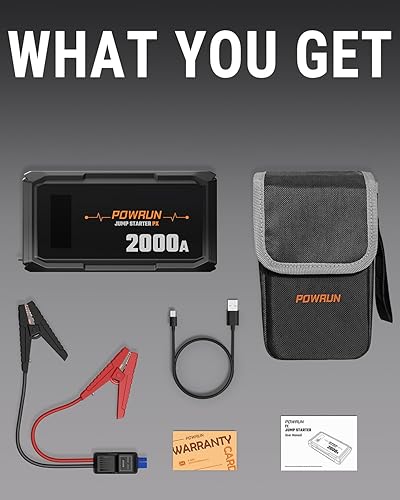Miniatura 7 de Powrun P-X Jump Starter, caja de salto portátil de 2000 A - Paquete de baterías de arranque de coche para motores de gasolina de hasta 6.0L y 5.0L