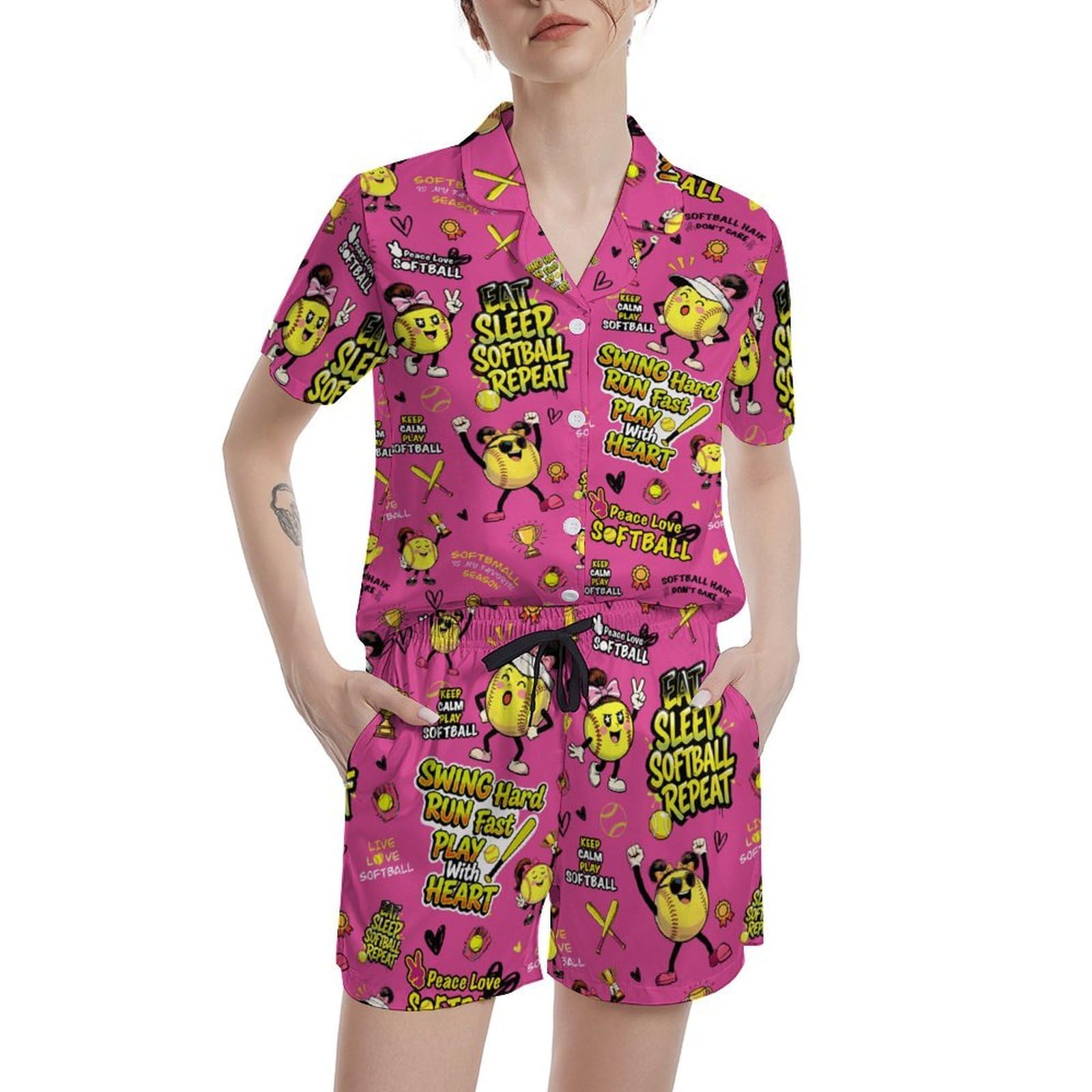 Funny Pajamas for Women Set Print Satin Loungewear Pjs Short Sleeve Button Down Top and Shorts Sets Sleepwear XS-3XL