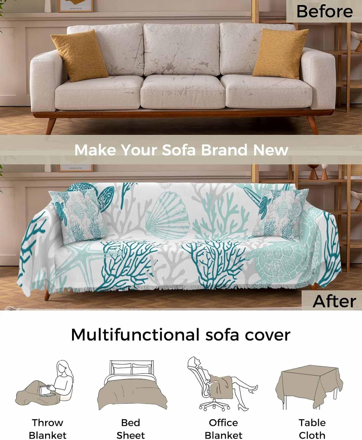 Turquoise Grey Coastal Coral Sofa Covers for 3 Cushion Couch,Washable Sectional & L Shape Couch Covers for Dogs/Cats,Ocean Nautical Summer Beach Turtle Non Slip Sofa Slipcover Futon Cover 71x150