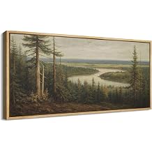 SIGNFORD Extra Large Framed Canvas Print Wall Art Riverside Forest View Classic Landscape Illustrations Modern Art Calm Warm for Living Room, Bedroom, Office - 60"x30"