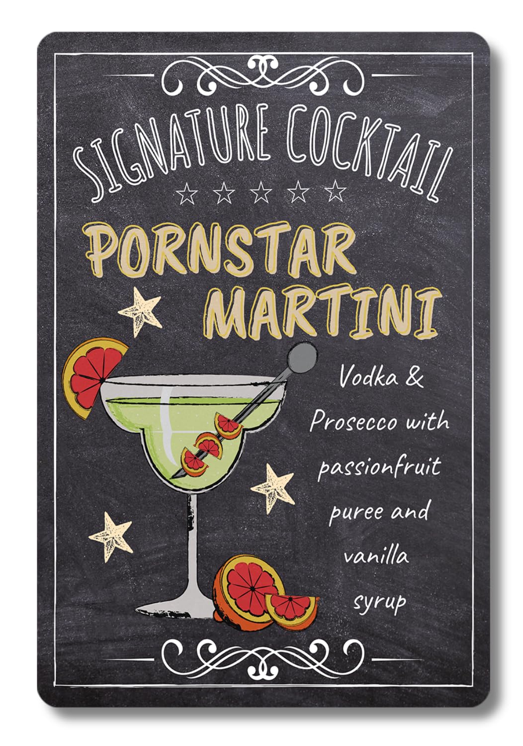 BAR SIGNS Classic Signature Cocktail Recipes Posters, Chalkboard Wall Art for Home Decor, Pub, Tiki Bar, Kitchen, Restaurant (Pornstar Martini)