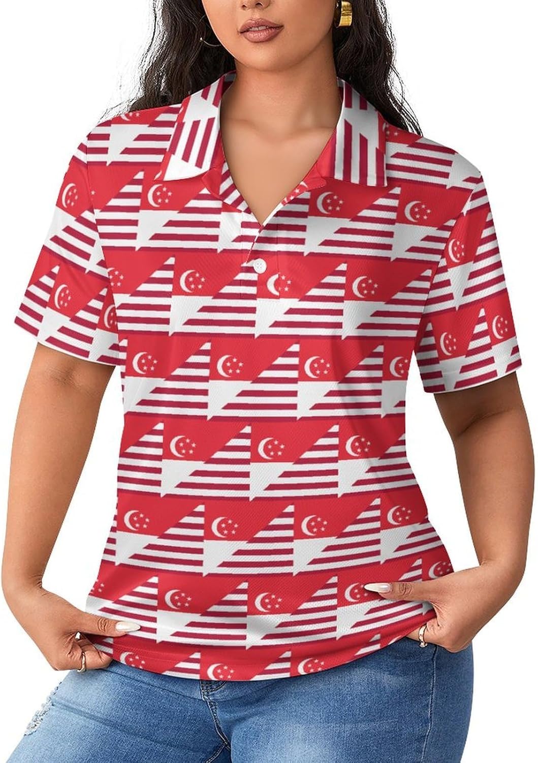 USA and Singapore Flag Women's Golf Polo Shirts Short Sleeve Quick Dry Tennis Tops Casual Work Blouses