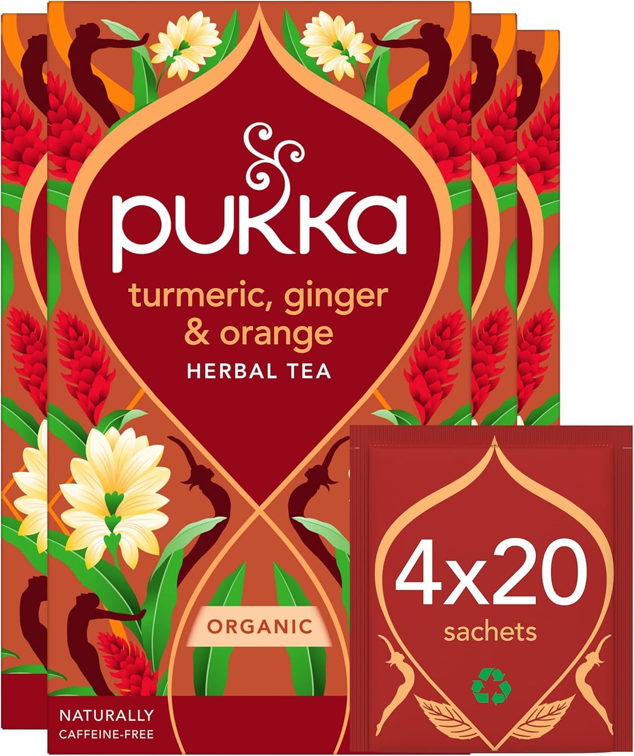 Turmeric Active Organic Box |Tea With Ginger, Turmeric, Nettle & Orange | Ideal For Boosting Energy | 4 Packs | 80 Plant Based Biodegradable Tea Bags