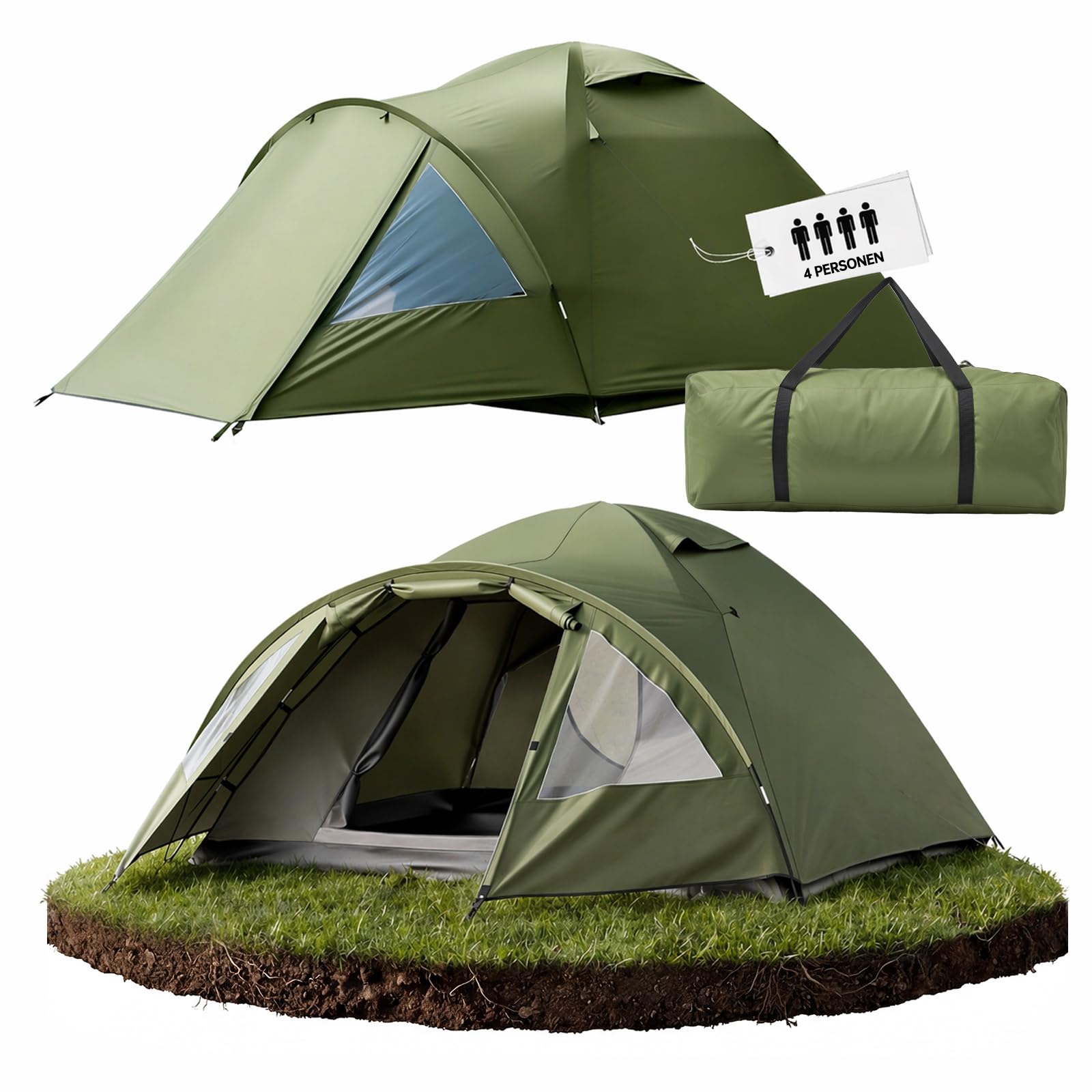 Camping Zelt 4 Personen mit Vorzelt Familienzelt Wasserdicht PU4000 UV-Schutz, Ultraleicht Campingzelt doppelwandig Vorraum Kuppelzelt mit Lüftungshutzen, Moskitonetz für Outdoor, Reise, Angeln