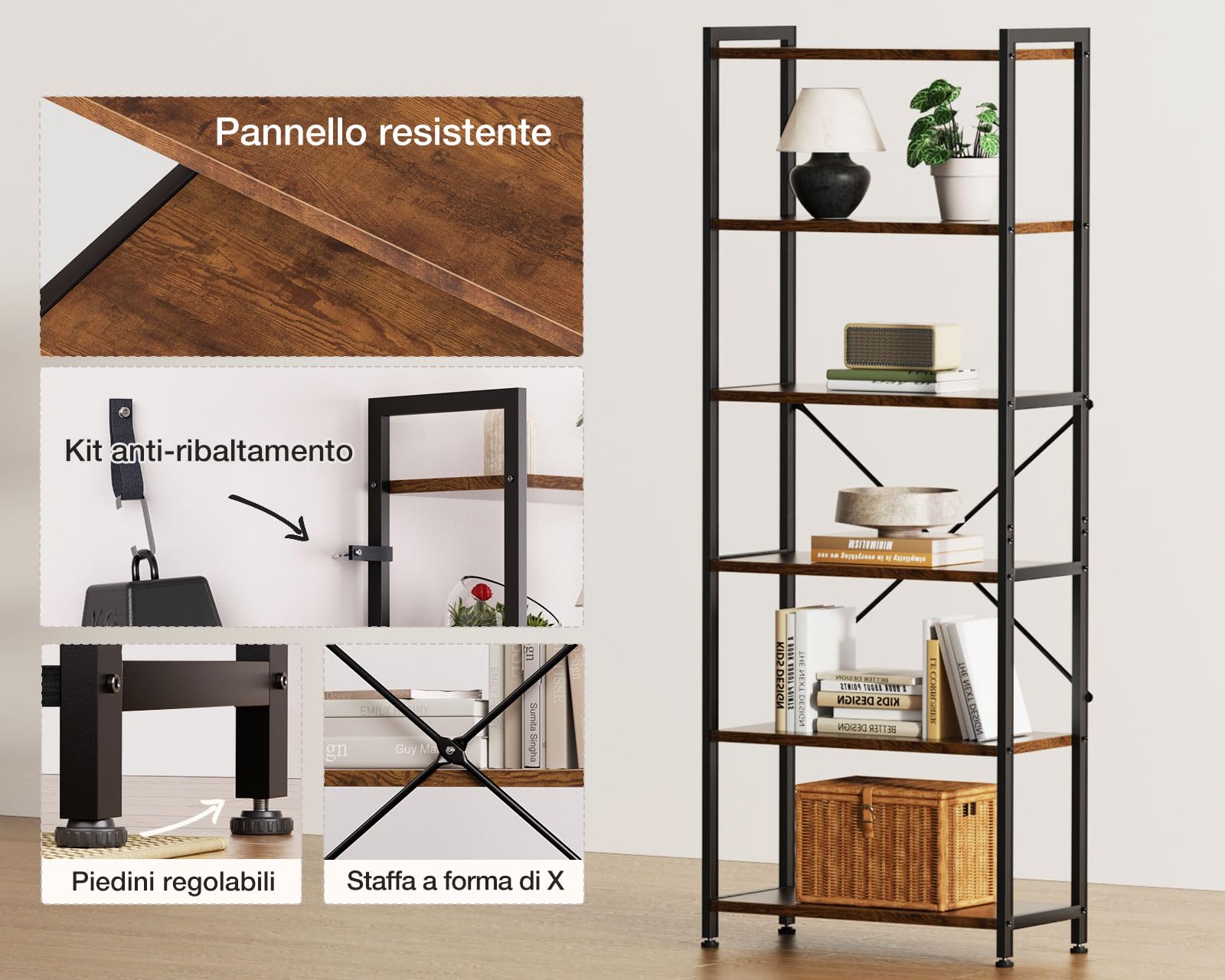 Coleshome Scaffale 6 Ripiani Libreria, Verticale Salvaspazio 177cm Marrone | Scaffale 51cm Anti-Ribaltamento Compatto Salvaspazio Esporre Libri Piante Decorazione Soggiorno Camera Ufficio