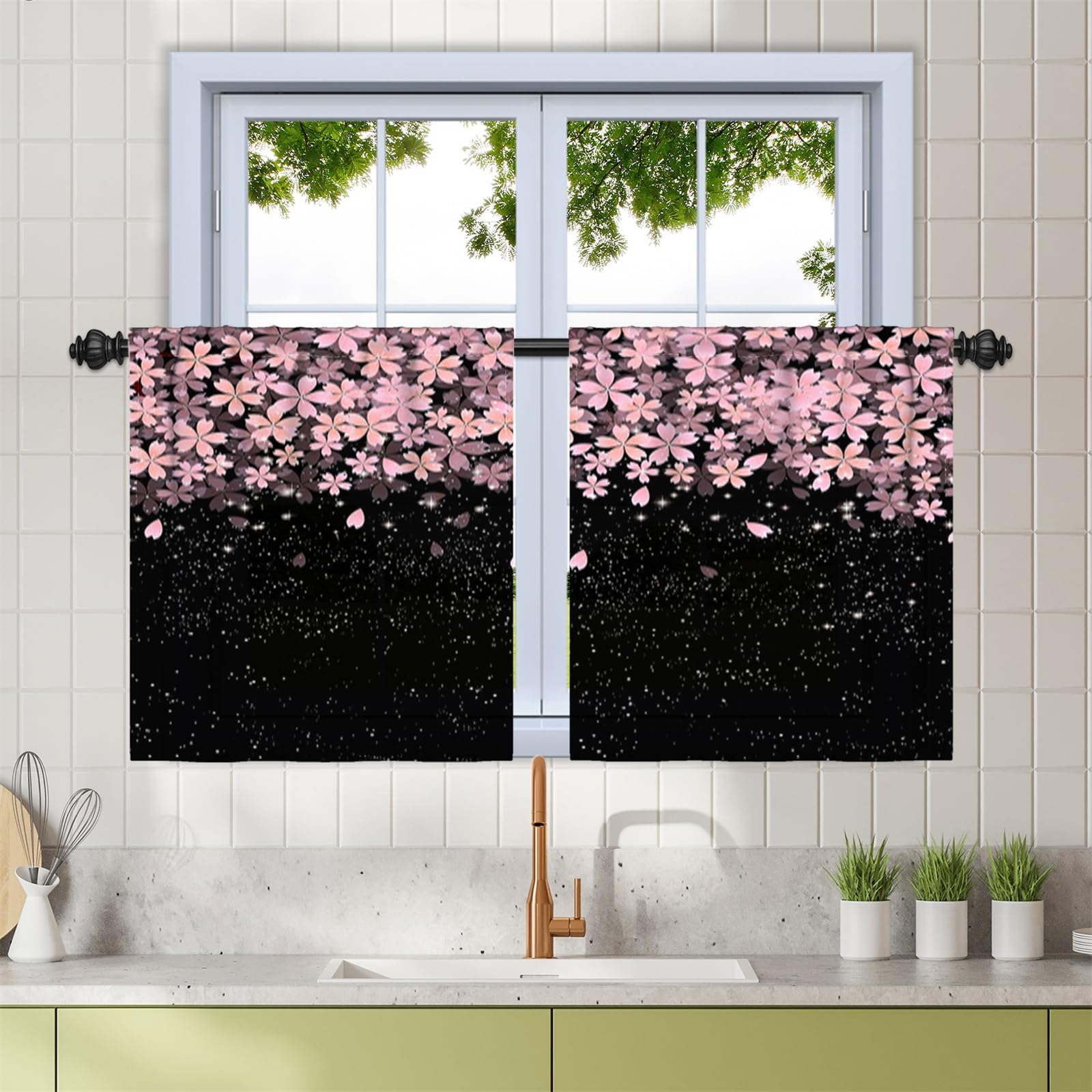 Rideaux de cuisine passe-tringle occultation légère fleurs de prunier