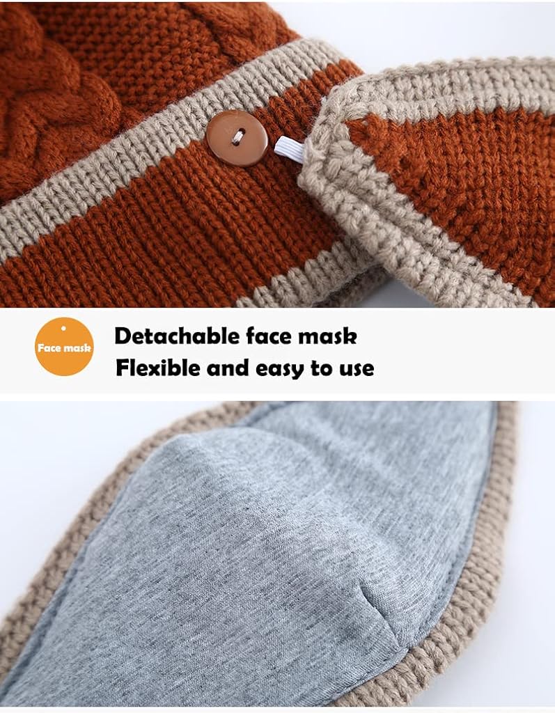 Fleece Lined Womens Beanie Knit Hat, Winter Scarf Mask Set,Girls Warm Hat Earmuffs Cap with Pom