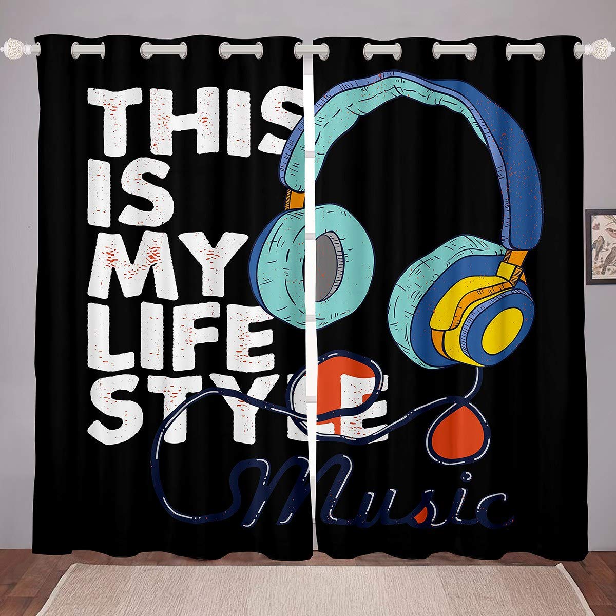 Loussiesd Tendine per cuffie musicaliragazzi ragazzi ragazzi musica rock oscuranti tendaggi oscuranti hip hop hipster per camera da letto cultura stradale oscuramento oscuranti 2 pannelli W66 x L90