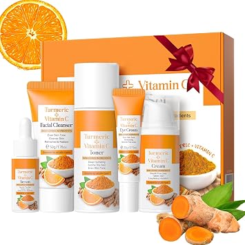 Vitamin C Turmeric Skincare Gift Set for Women, Complete Kit with Cleanse, Tone, Serum, Eye Cream, Face Cream, Hydrating Travel Skin Care Routine for Women