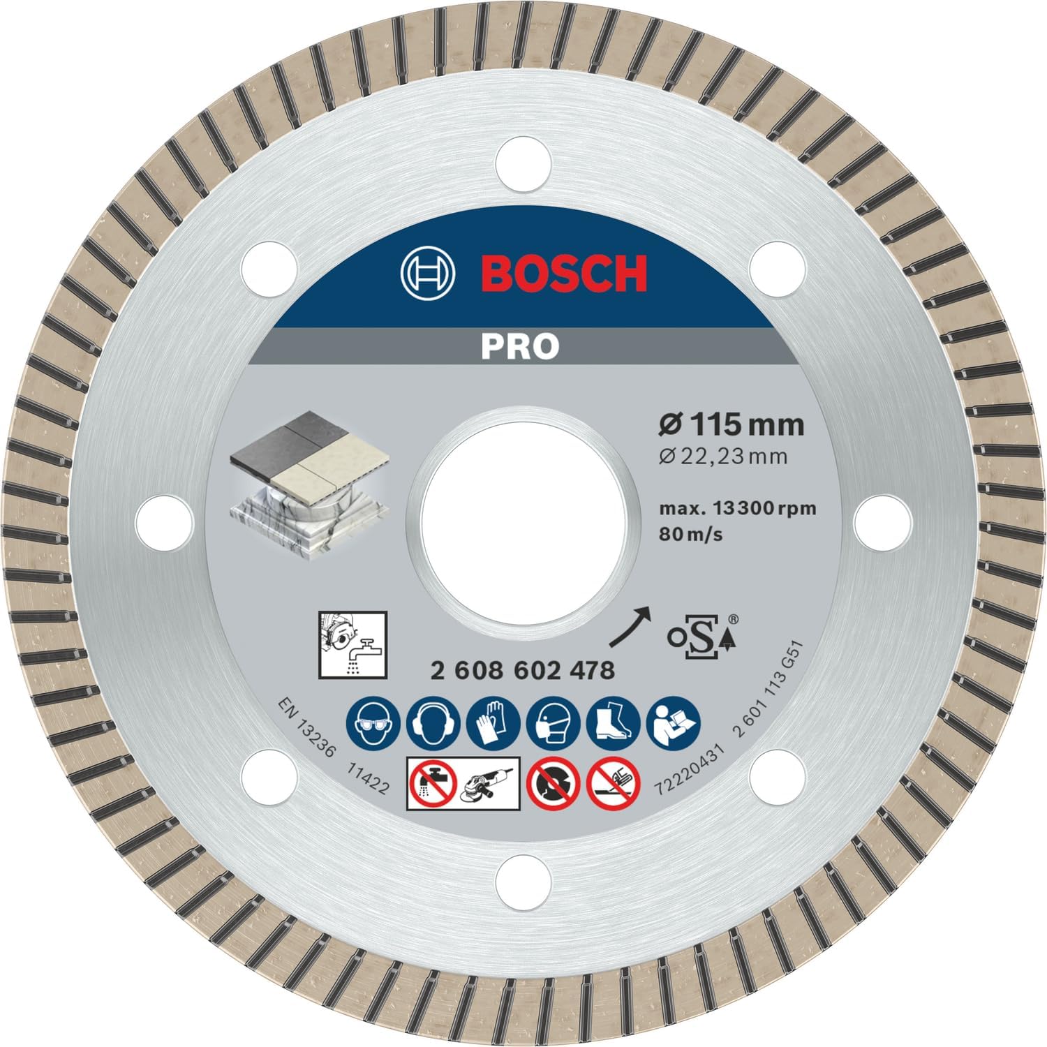 Bosch 1x PRO Ceramic Extra Clean Turbo Diamond Cutting Disc for Bore 22.23 and Small Angle Grinders (for Marble, Hard tiles, Ø 115 mm, Professional Accessory Small Angle Grinder, Marble Saws)