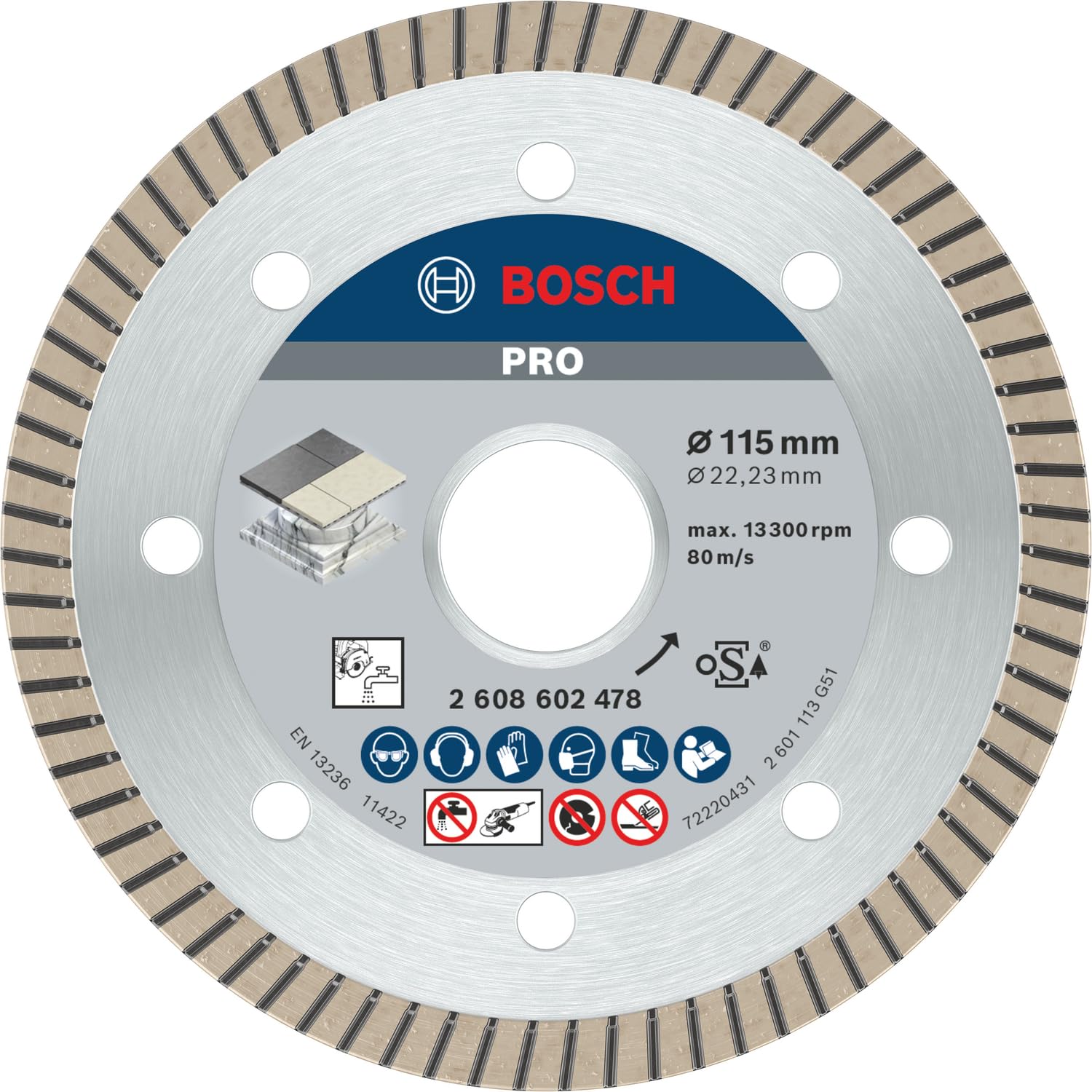 Bosch 1x PRO Ceramic Extra Clean Turbo Diamond Cutting Disc for Bore 22.23 and Small Angle Grinders (for Marble, Hard tiles, Ø 115 mm, Professional Accessory Small Angle Grinder, Marble Saws)