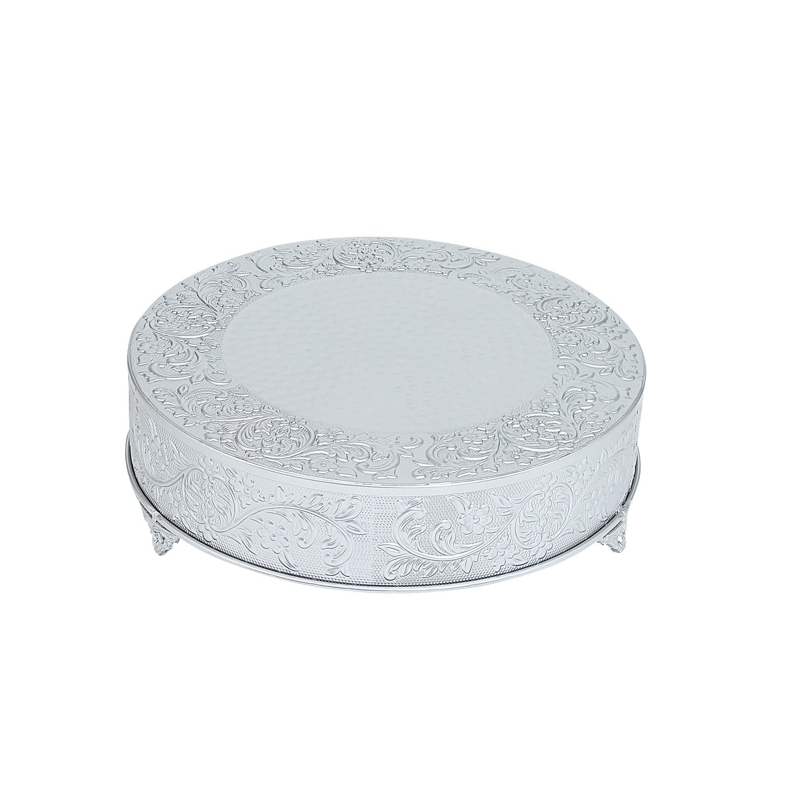 TABLECLOTHSFACTORY 18" Round Silver Embossed Metal Cake Plateau Stand Riser Wedding Dessert Display Plate