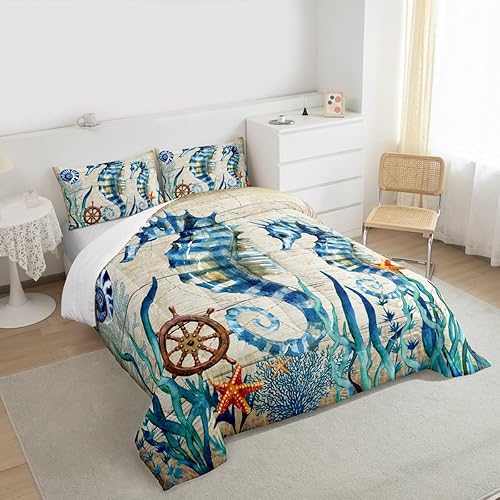 Miniatura 6 de Juego de edredón de caballito de mar, tamaño individual, juego de ropa de cama de animales oceánicos de 2 piezas para decoración de habitación de