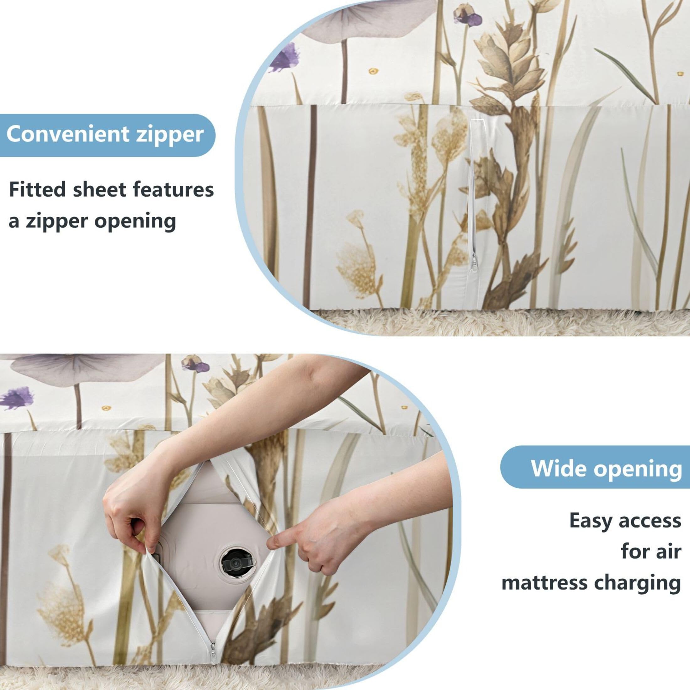 Wildflowers - Sábana bajera ajustable individual para colchón de aire, bolsillo extra profundo de 24 pulgadas, funda suave y transpirable con apertura de válvula de cremallera para cama de
