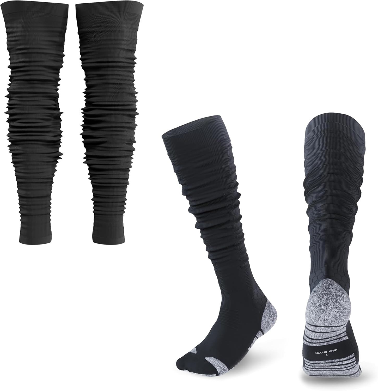 KUTFTBL Pre-Scrunched Football Socks with Built-In Elastic Bands & Extra Long Pre-Scrunched Leg Sleeves with Hidden Elastic Bands - Black