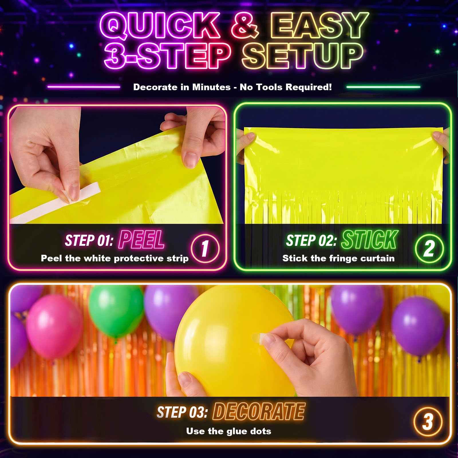 LovesTown 3 Pack Neon-Themed Fringe Curtains with 8 Balloons