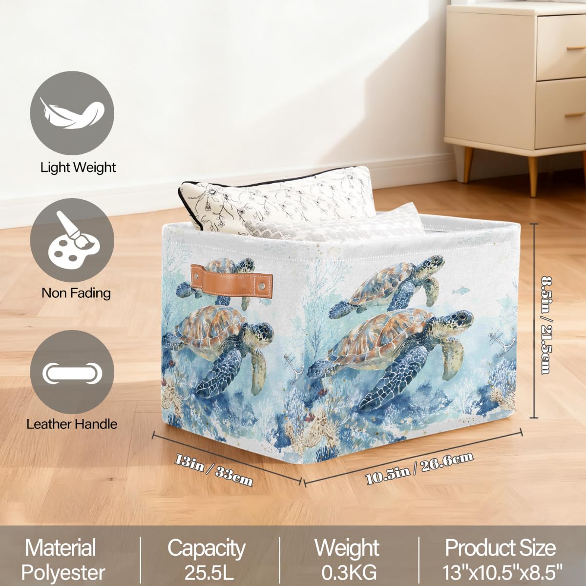 Rechteckiger Aufbewahrungskorb mit Ledergriffen, Vintage-Stil, Aquarell-Schildkrötenfisch, 2 Stück, faltbarer Stoff-Aufbewahrungskorb für Schrank, Badezimmer, Wohnzimmer, Büro, Spielzeug