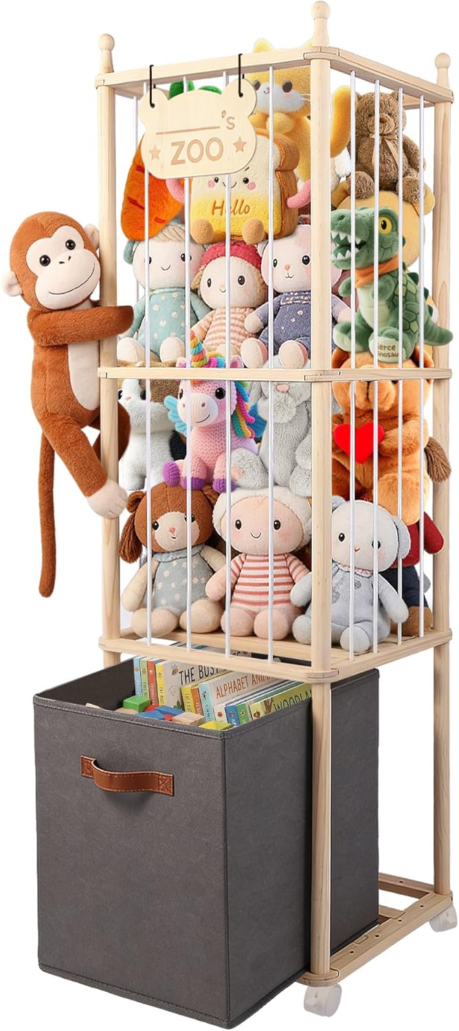 Stuffed Animal Storage Zoo Tower with 4 Brake Wheels & Bottom Storage Bin,Unpainted Natural Wood Large Plushies Storage Holder Organizer, Toy Storage for Playroom Bedroom Nursery