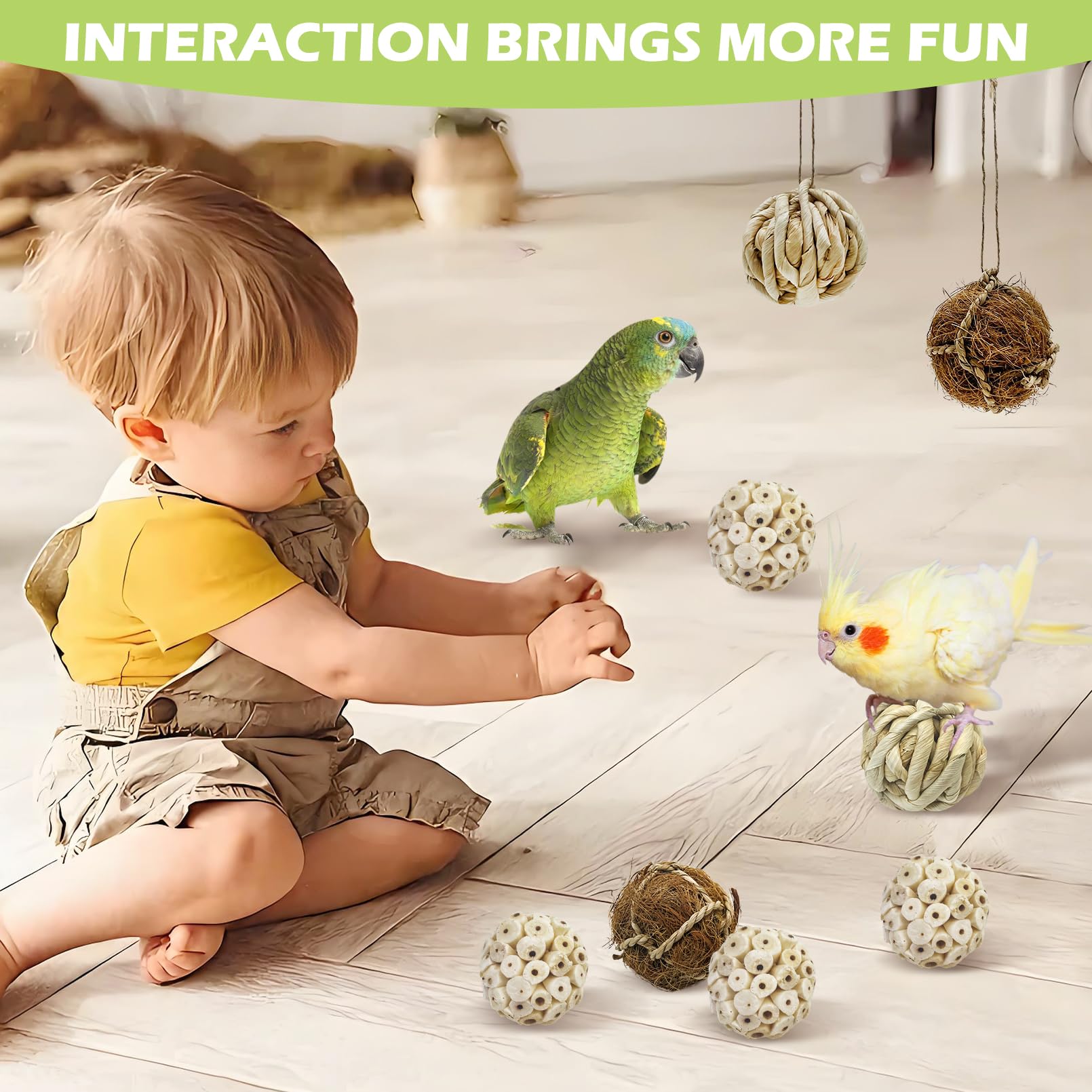 BNOSDM 8PCS Natural Bird Chew Toys Sola Balls Shred Toy Lightweight Conure Foot Toy Interactive Parrot Foraging Toys Bird Chew Balls with Hemp Rope Hook for Budgies Cockatiels Parakeets Senegal - image 6