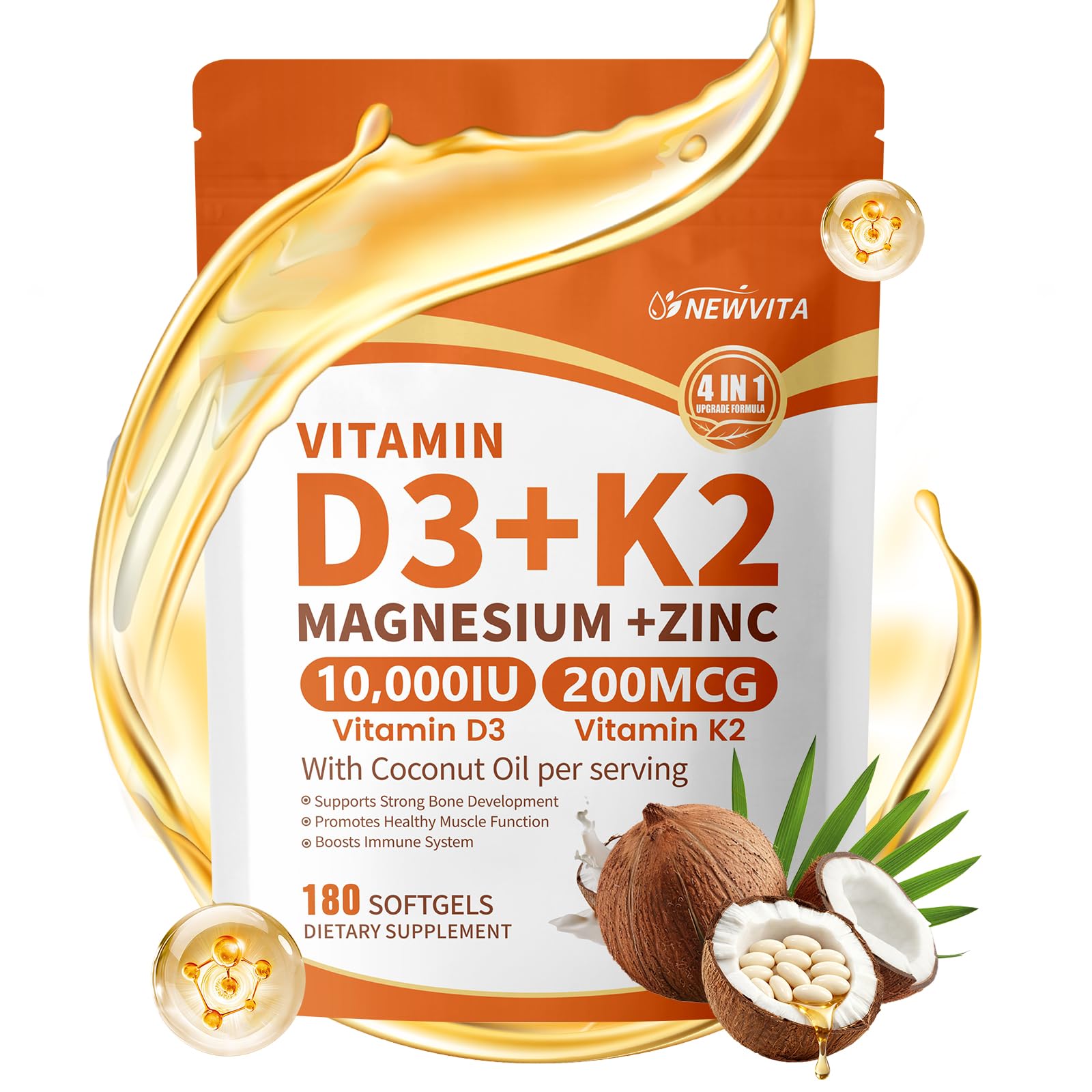 Vitamin D3 10,000 IU + K2 MK-7 200mcg, 180 Softgels