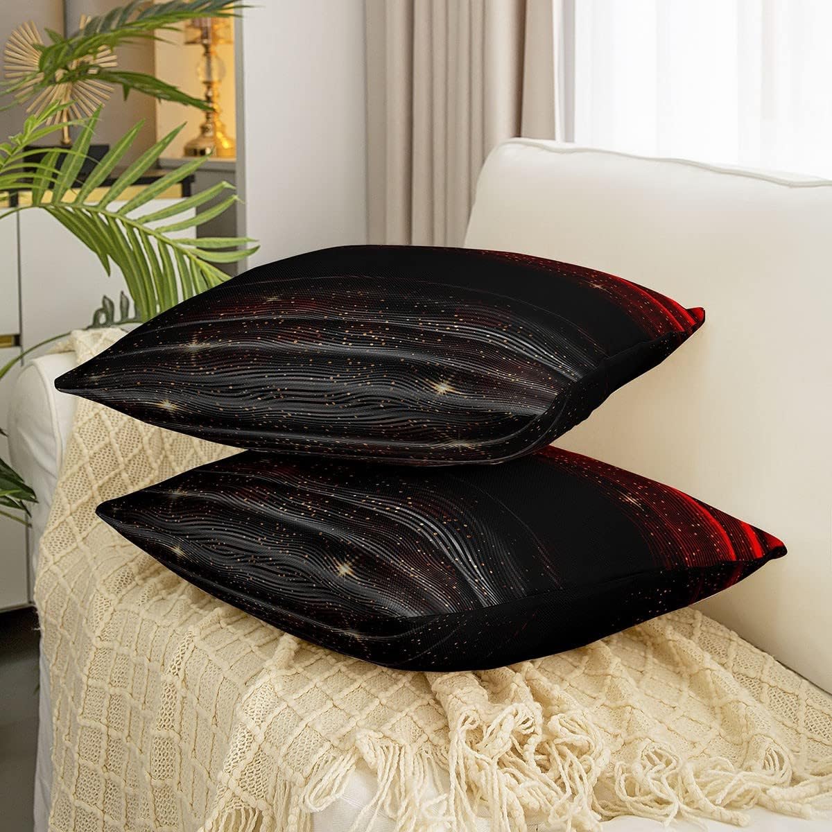 Galaxy Stars Pillow Covers 16x16 Set of 4 Black Red Ombre Cushion Covers For Office Chair Gradient Throw Pillow Covers Watercolor 3D Print Cushion Cases Cushion Covers Decorative Square Pillow Cases