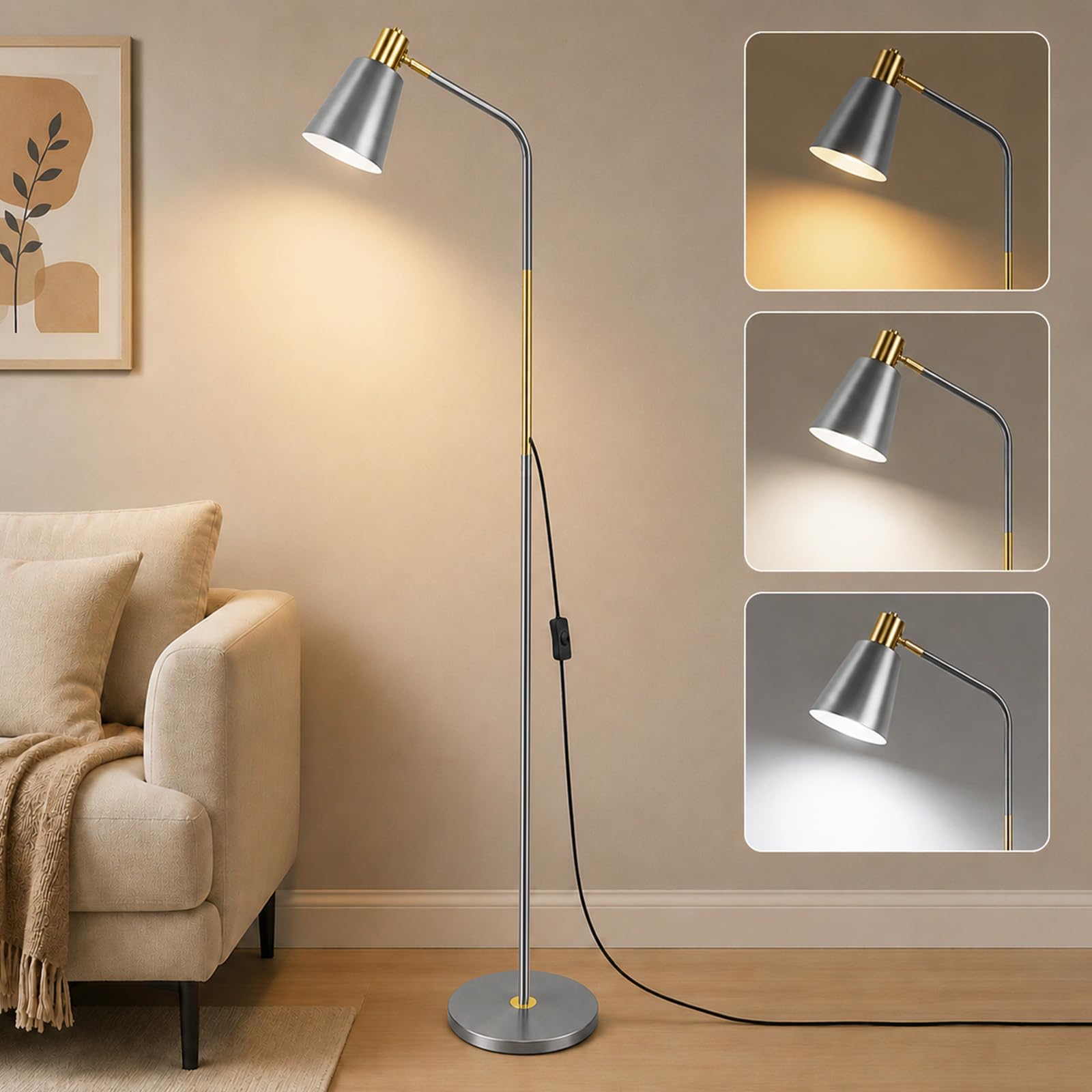 Yexati Lampada da Terra ad Arco E27 Regolabile, Grigio | 153 cm, black metal, 180° swivel head, living room office room