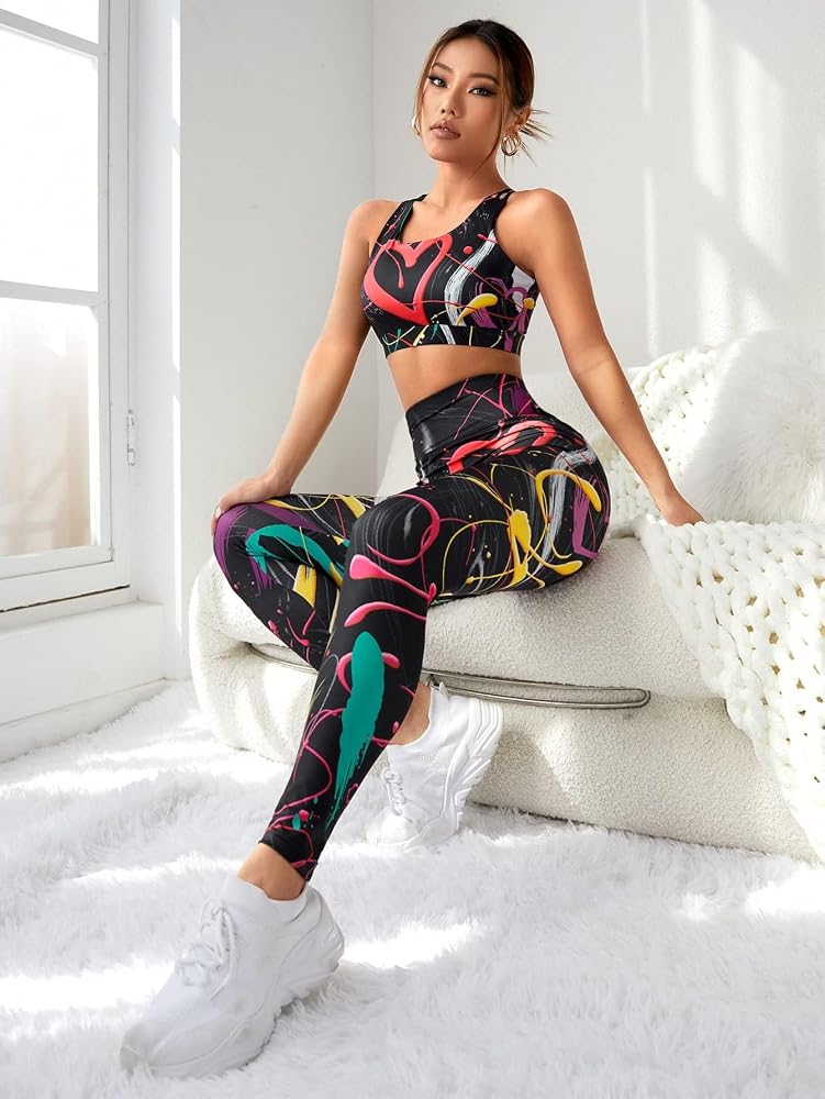 COZYEASE Women's 2 Piece Heart Print Yoga Fitness Set Crisscross