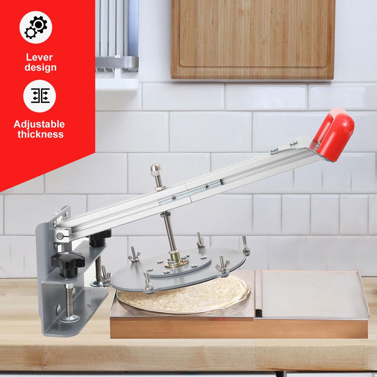 Cozyel 8inch Manual Pizza Dough Pastry Press Machine Stainless Steel Pizza Press Maker Household Pizza Dough Press Machine Manual Pizza Dough Press with Round Square Cake molds, Height Adjustable