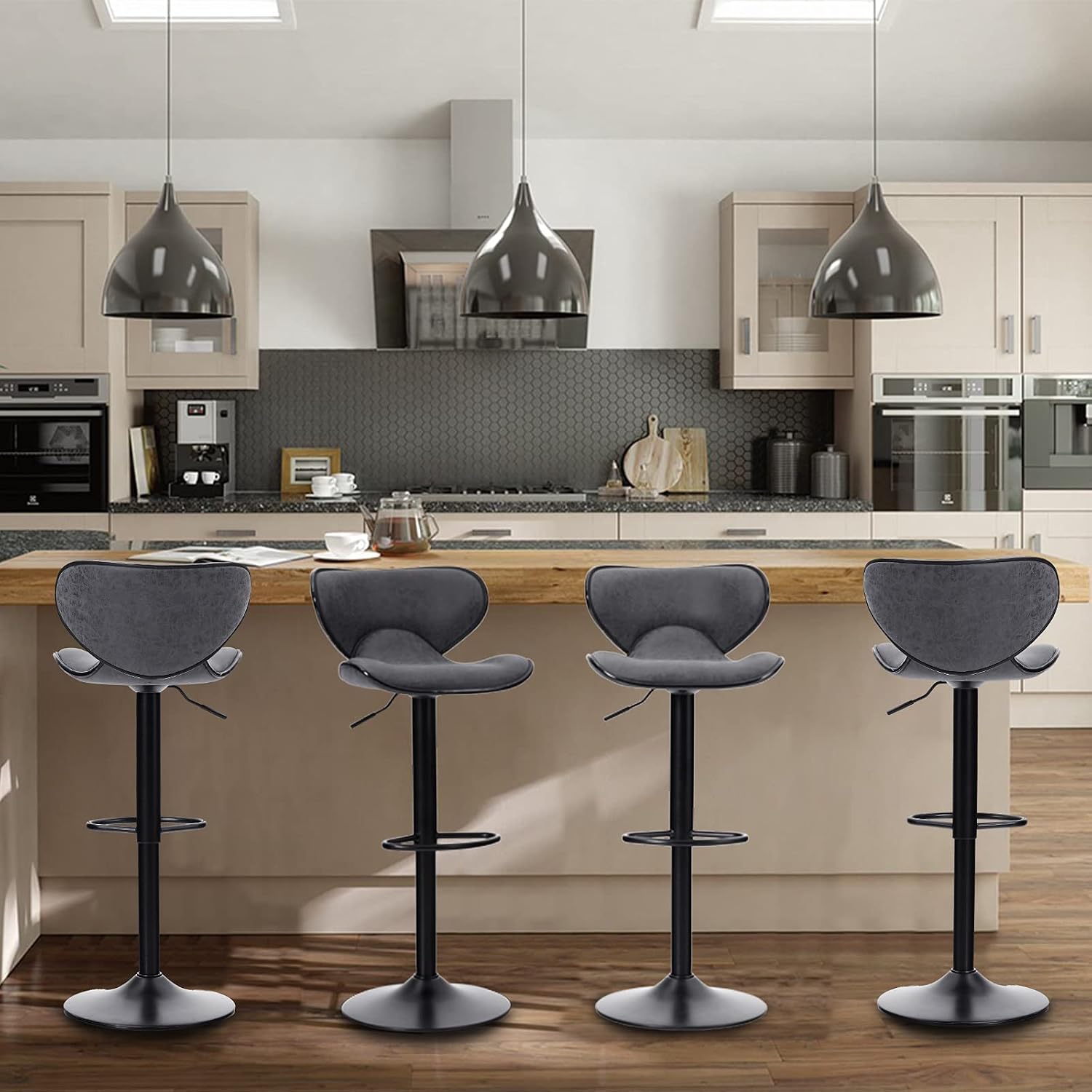 Sophia & William Adjustable Swivel Bar Stools Set of 4, Counter Height Barstools with Back and Footrest, Modern PU Leather Tall Kitchen Counter Stools Upholstered Farmhouse Bar Chairs,350lbs,Grey