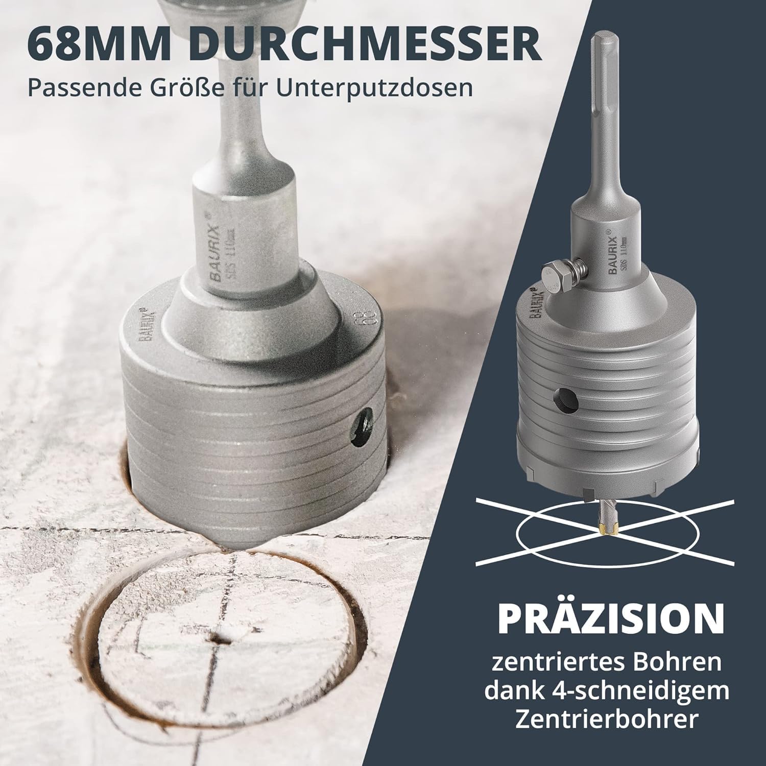 BAURIX® Koronka do puszek SDS Plus 68 mm – 8 zębów z węglika | Czyste otwory pod gniazda w murze, cegle i płycie GK – krzyżowy grot centrujący, chwyt do wiertarki udarowej.